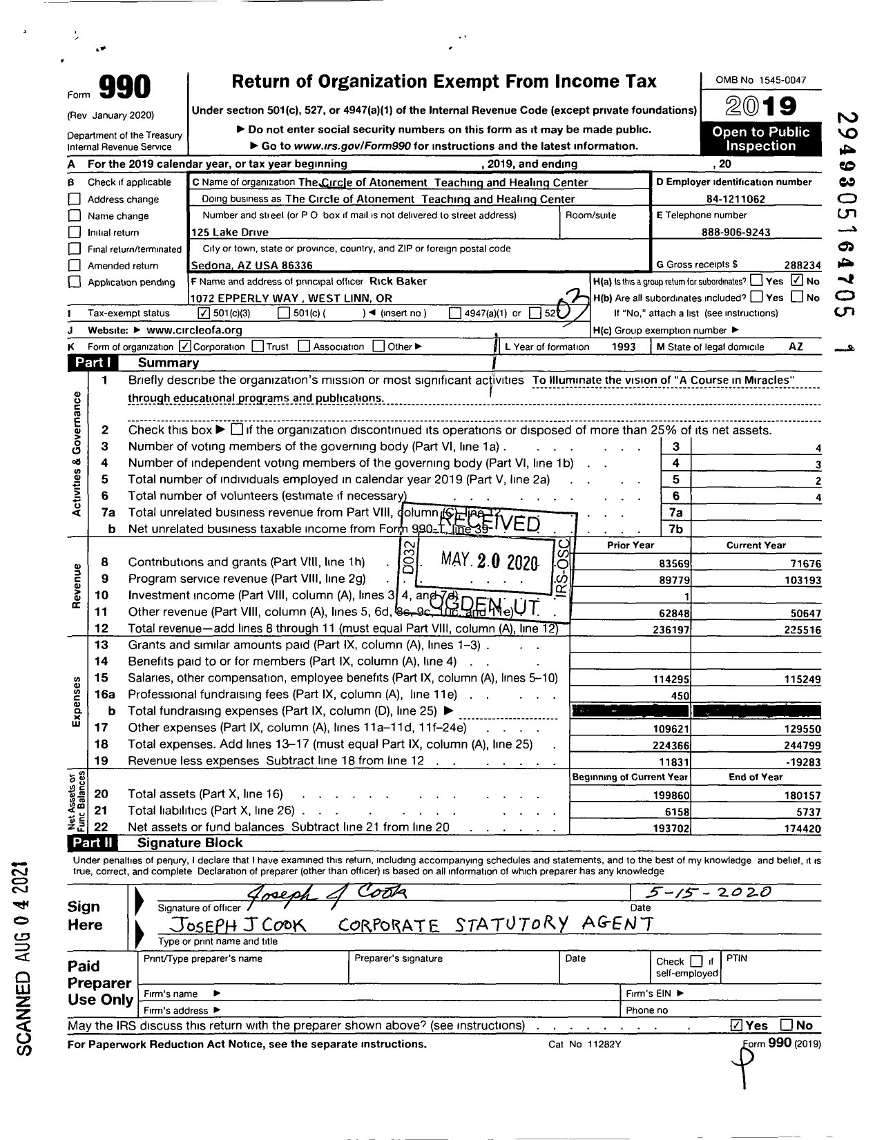 Image of first page of 2019 Form 990 for The Circle of Atonement Teaching and Healing Center