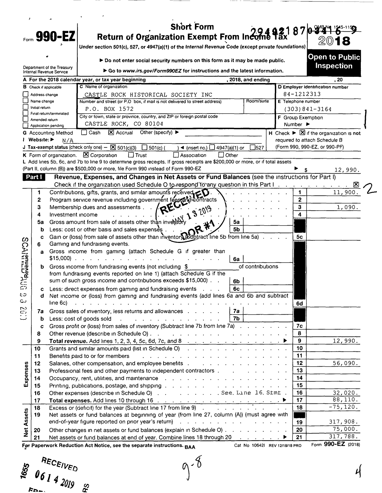 Image of first page of 2018 Form 990EZ for Castle Rock Historical Society