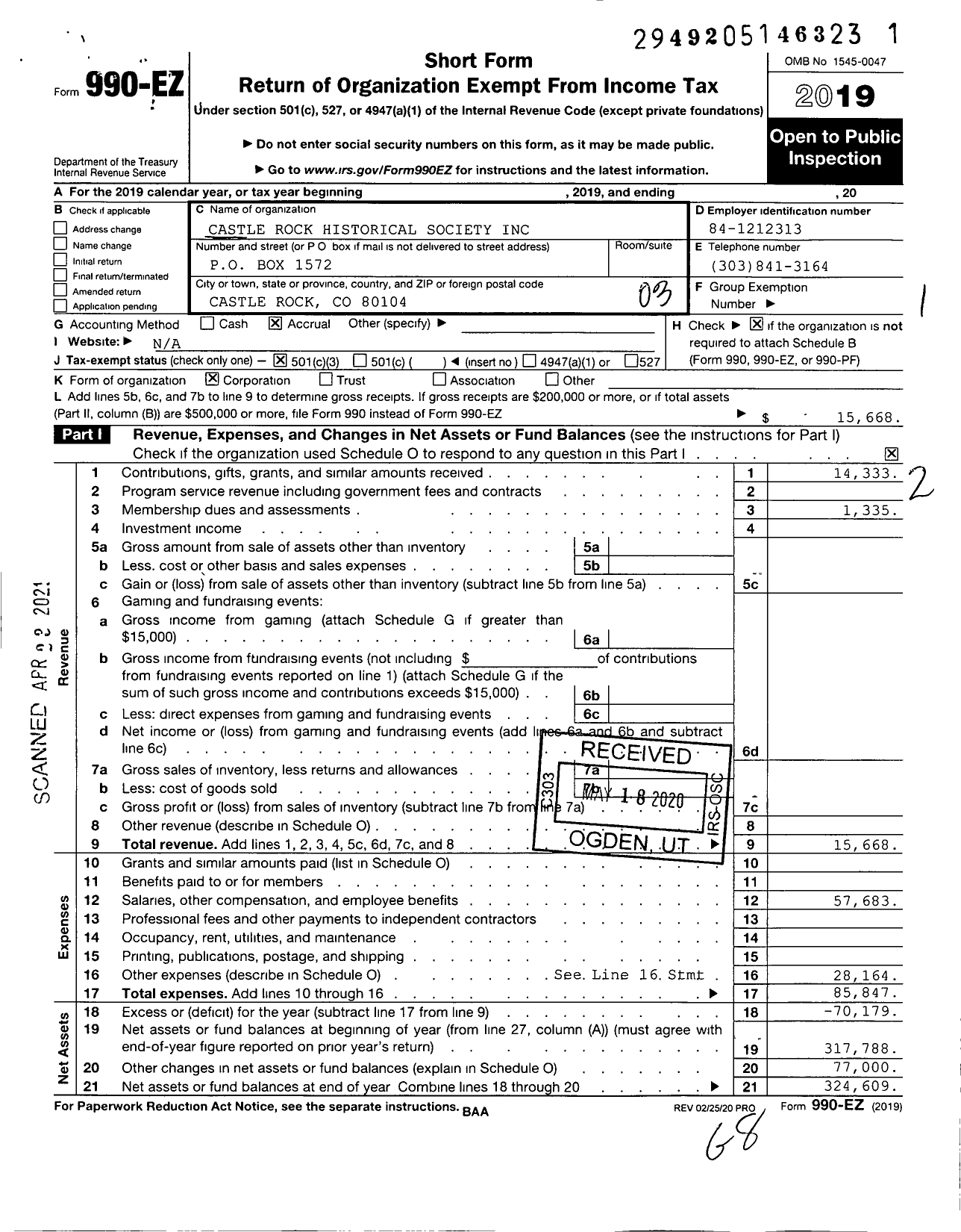 Image of first page of 2019 Form 990EZ for Castle Rock Historical Society