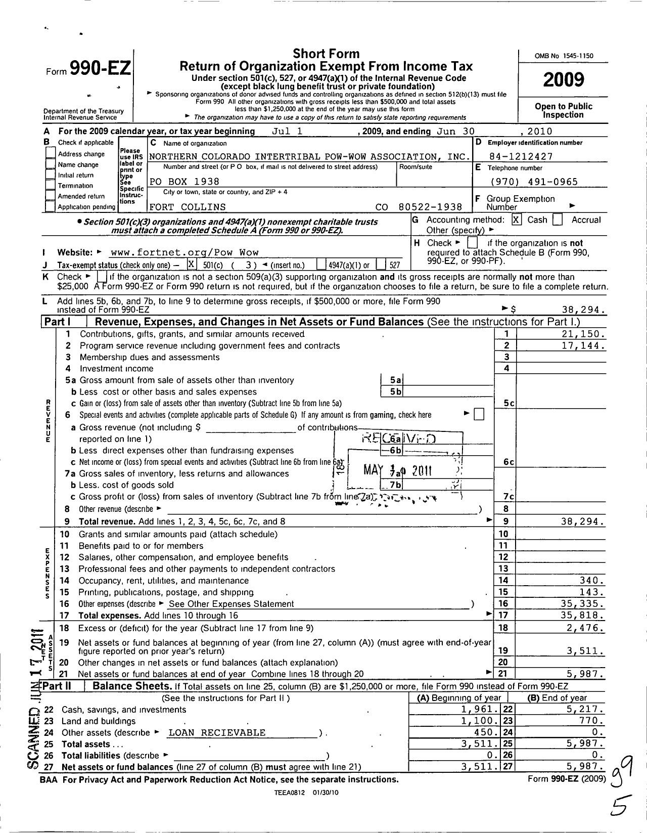 Image of first page of 2009 Form 990EZ for Northern Colorado Intertribal Pow- Wow Association Incorporated