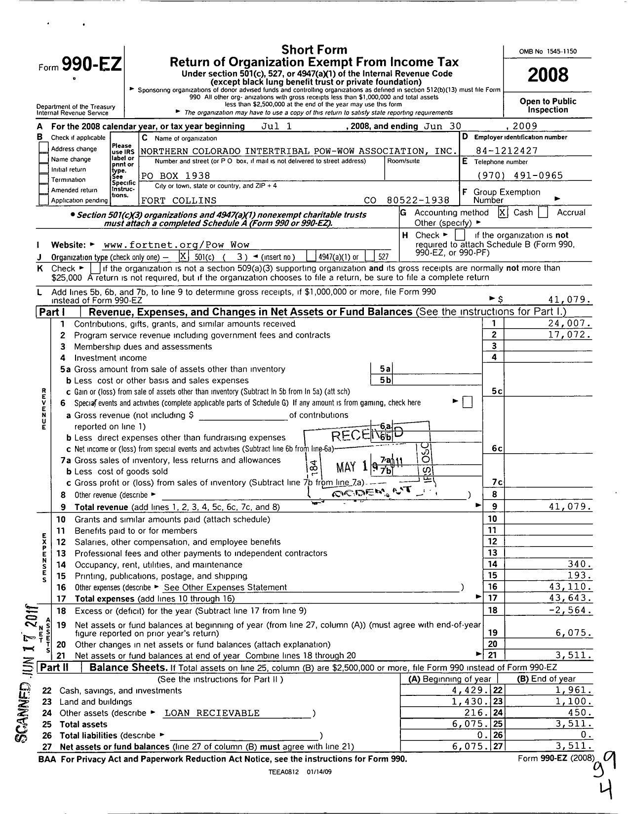 Image of first page of 2008 Form 990EZ for Northern Colorado Intertribal Pow- Wow Association Incorporated