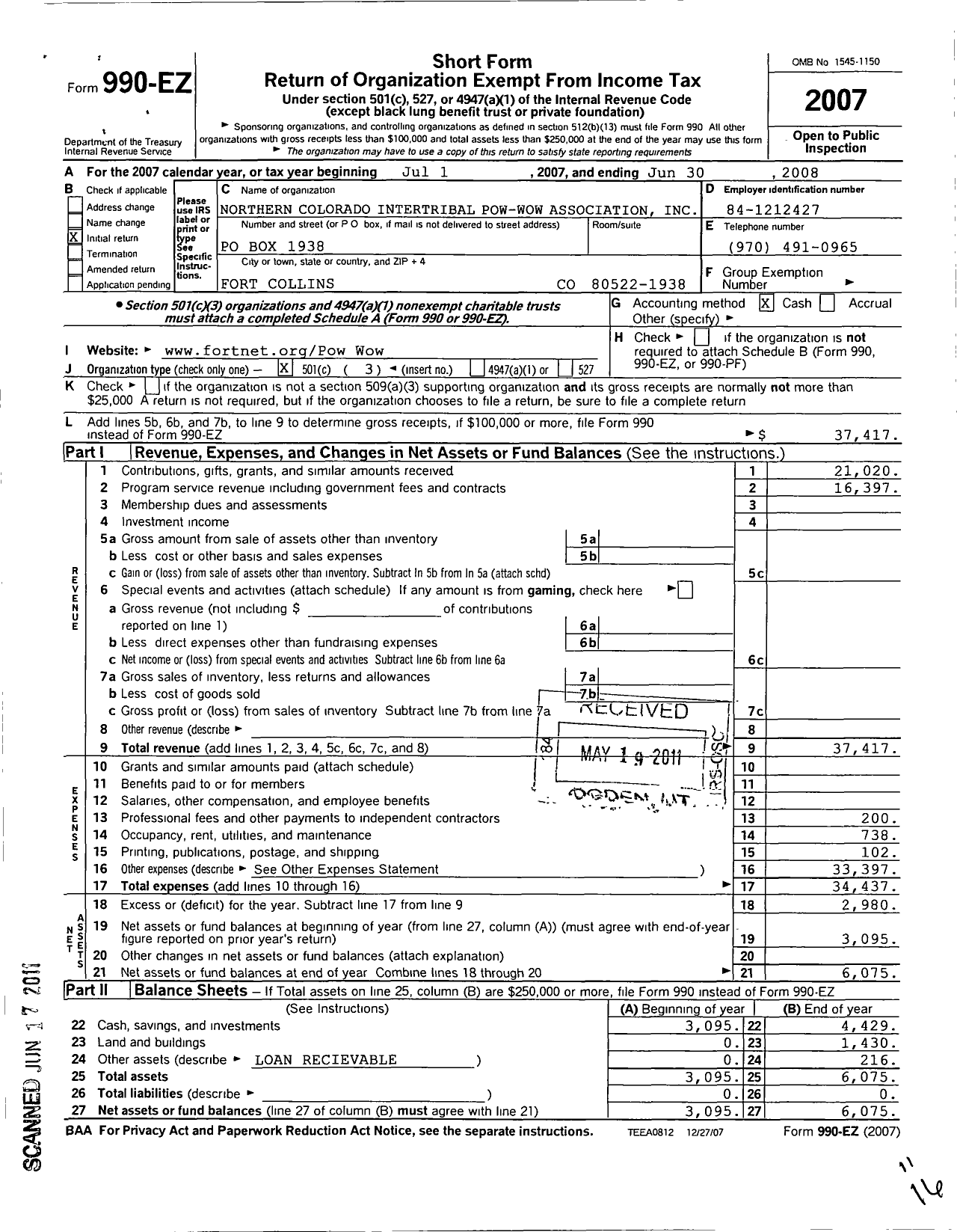 Image of first page of 2007 Form 990EZ for Northern Colorado Intertribal Pow- Wow Association Incorporated