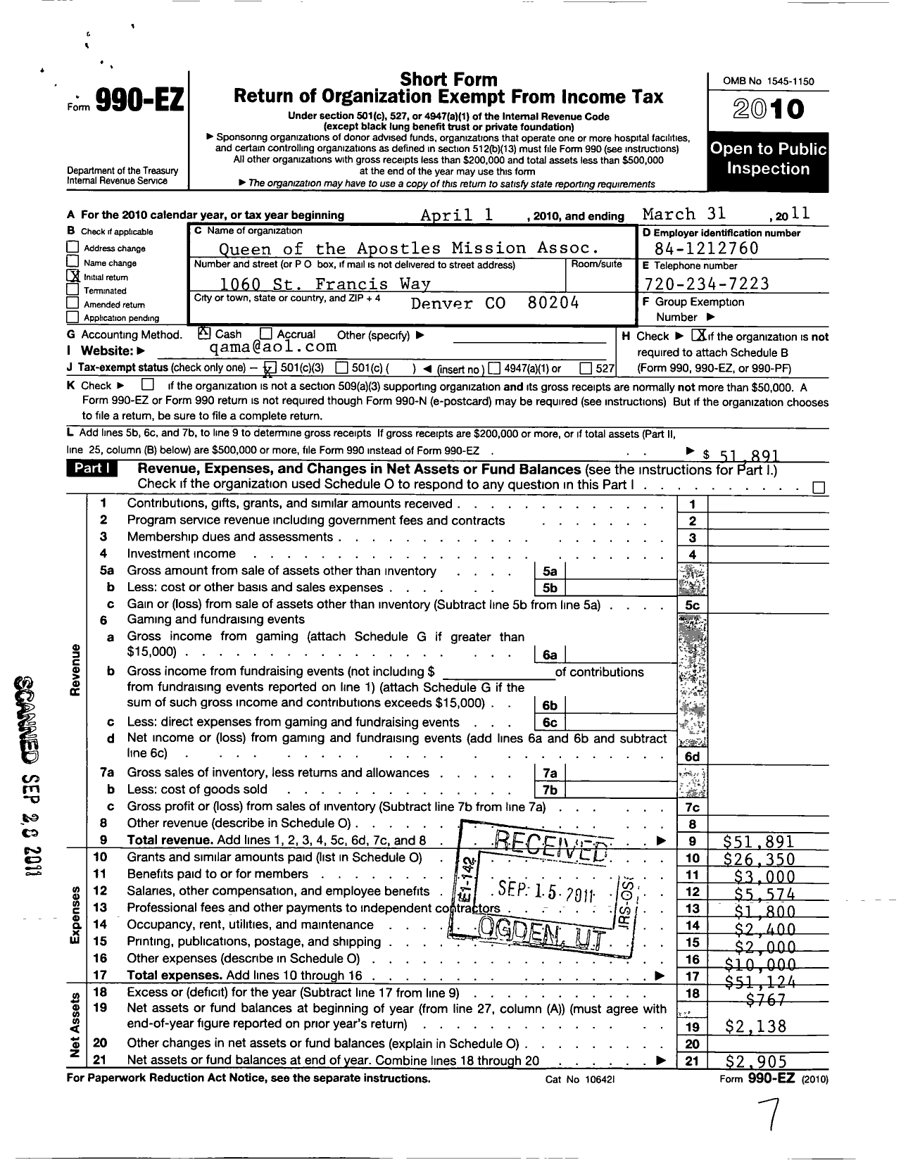 Image of first page of 2010 Form 990EZ for Queen of the Apostles Mission Association