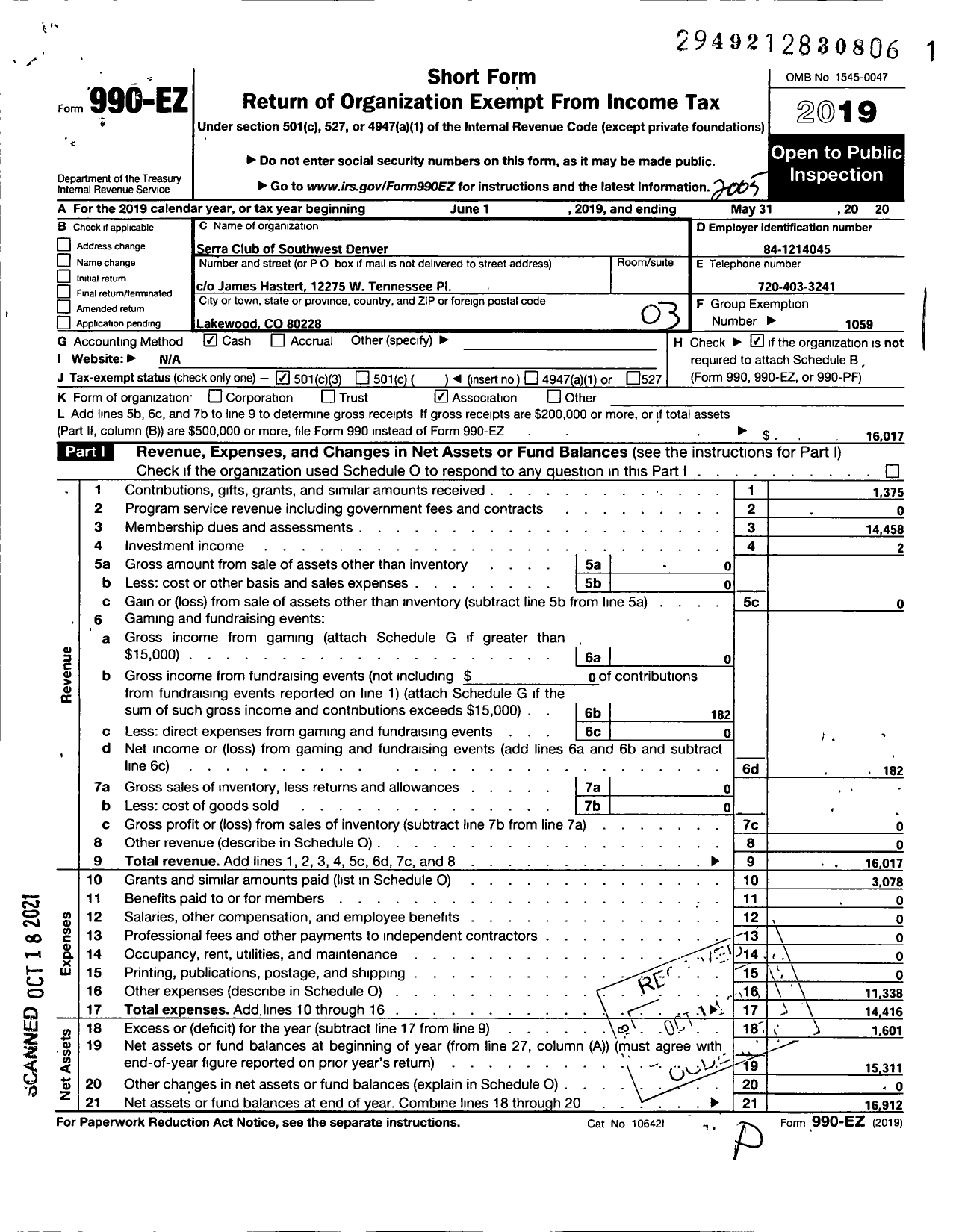 Image of first page of 2019 Form 990EZ for Serra International / Serra Club of Southwest Denver