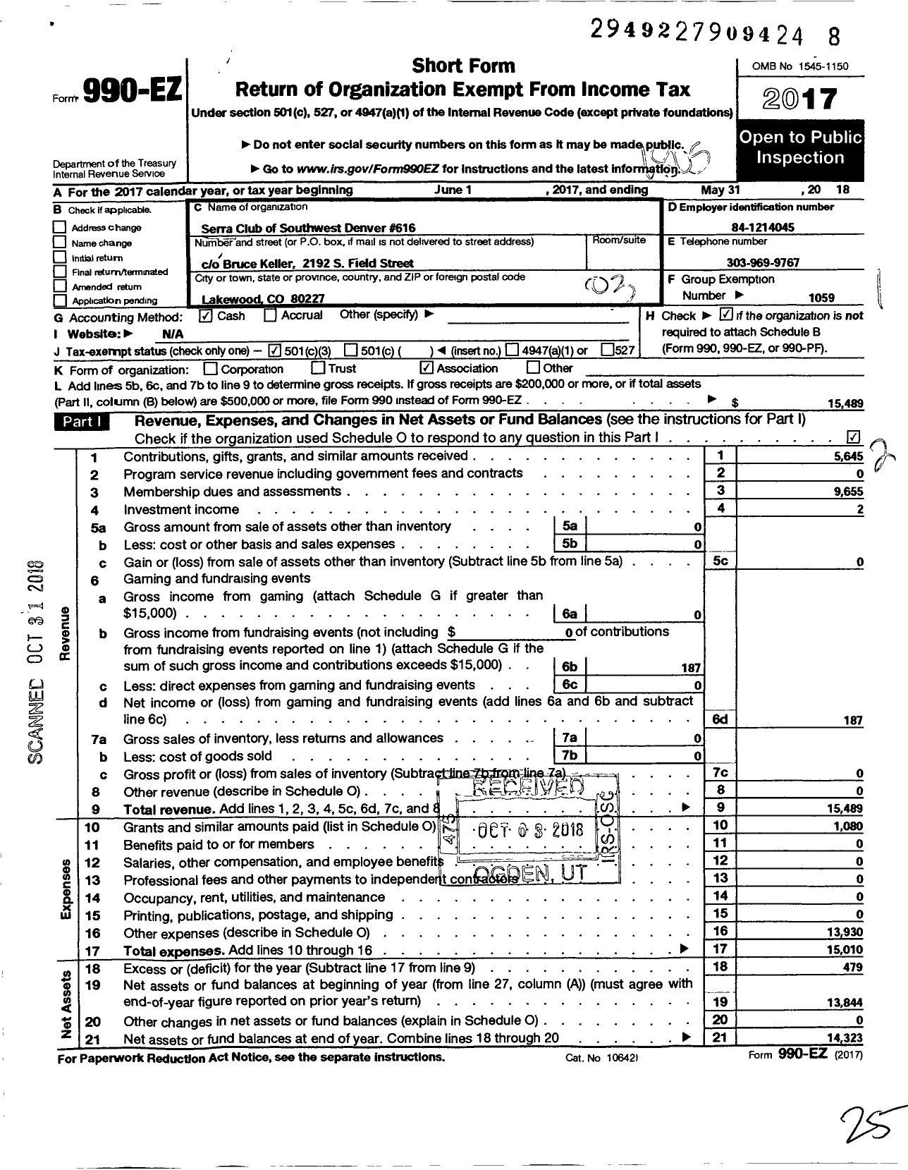 Image of first page of 2017 Form 990EZ for Serra International / Serra Club of Southwest Denver