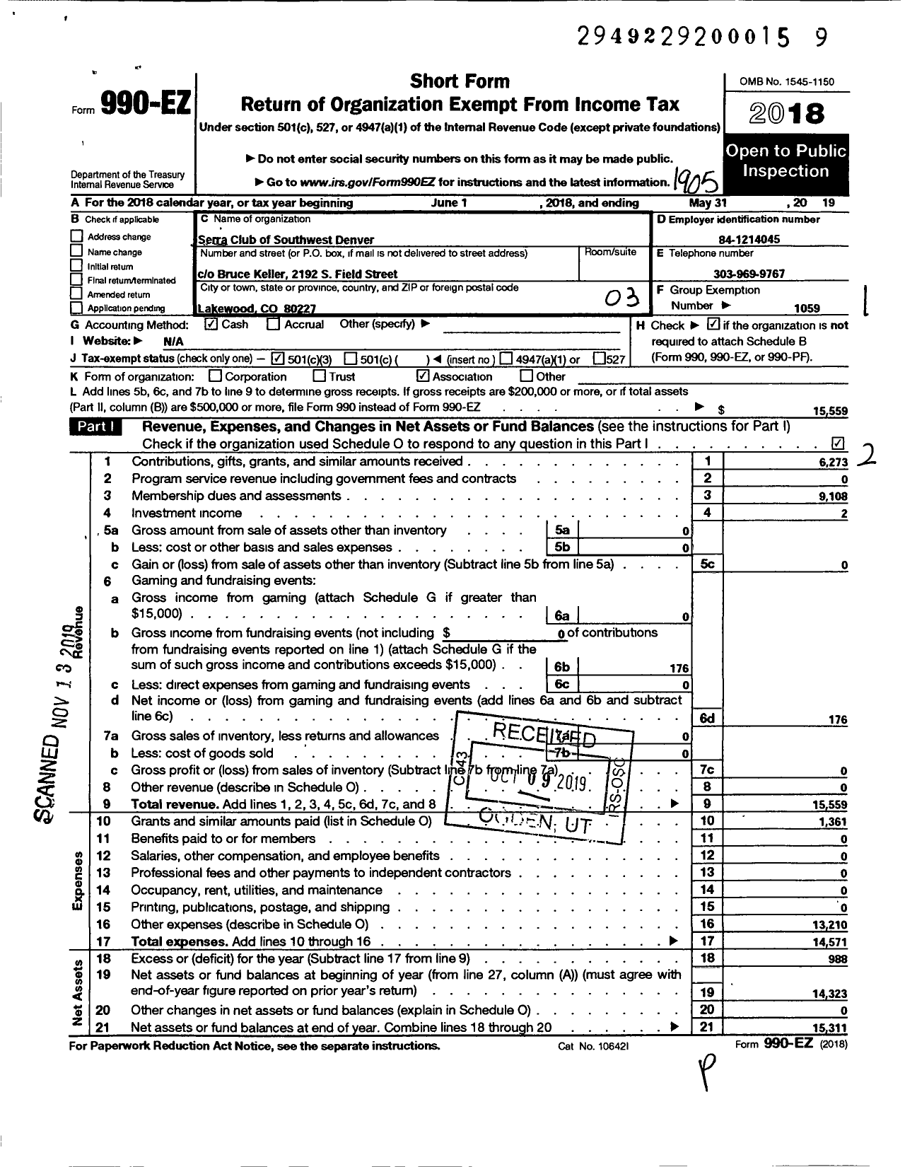 Image of first page of 2018 Form 990EZ for Serra International / Serra Club of Southwest Denver