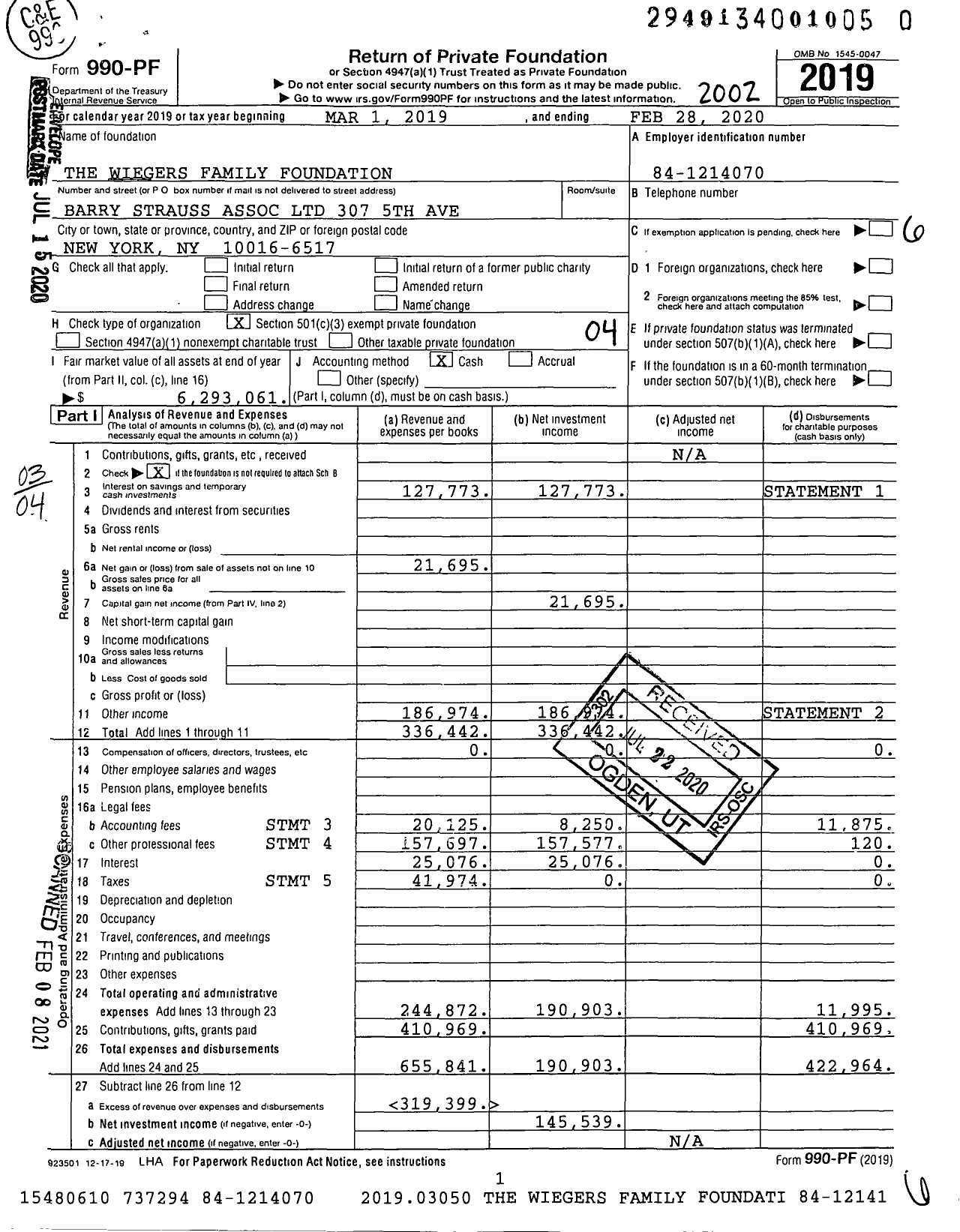 Image of first page of 2019 Form 990PF for The Wiegers Family Foundation