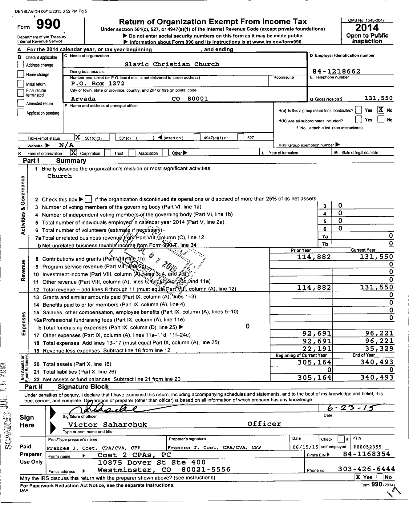 Image of first page of 2014 Form 990 for Slavic Christian Church