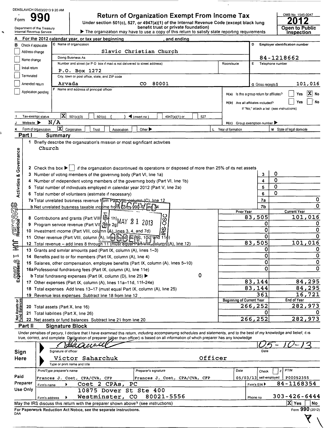 Image of first page of 2012 Form 990 for Slavic Christian Church