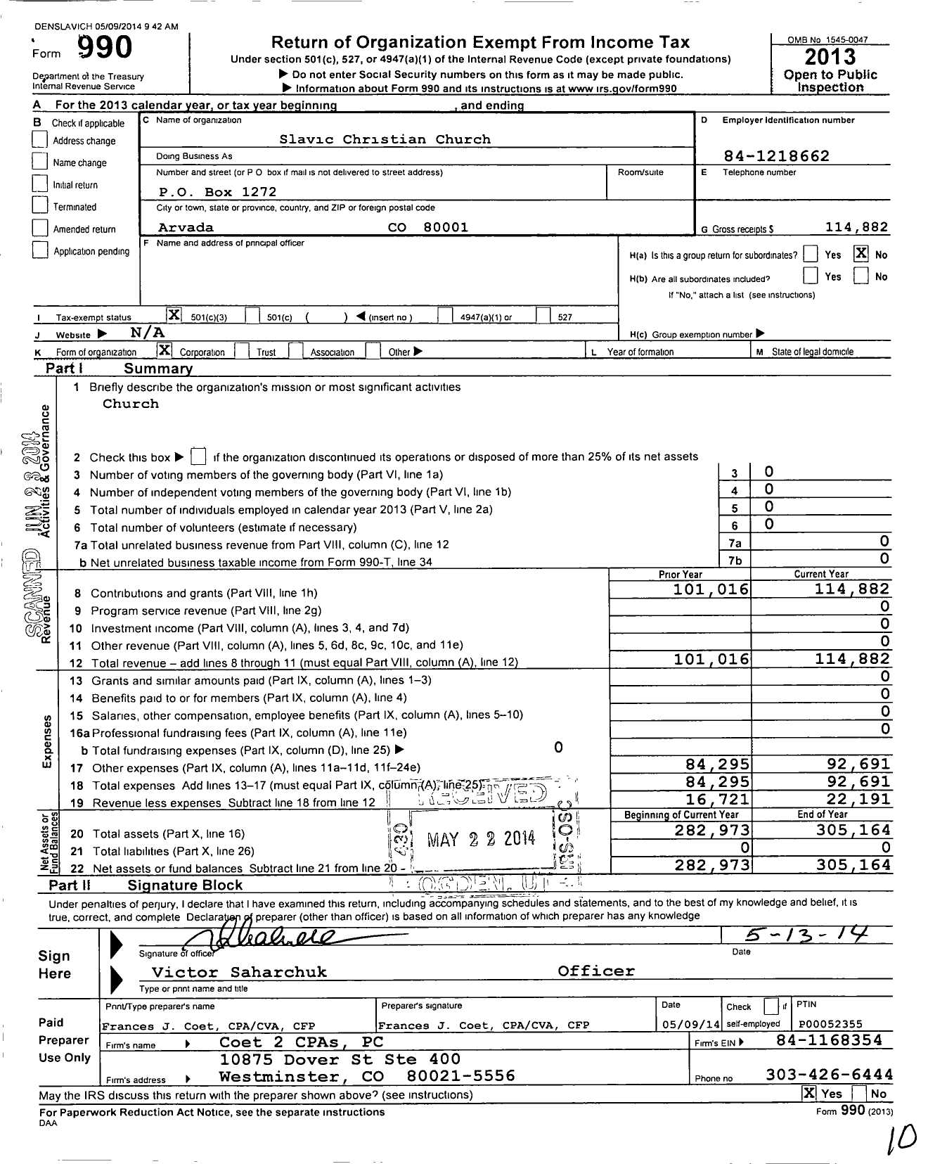 Image of first page of 2013 Form 990 for Slavic Christian Church