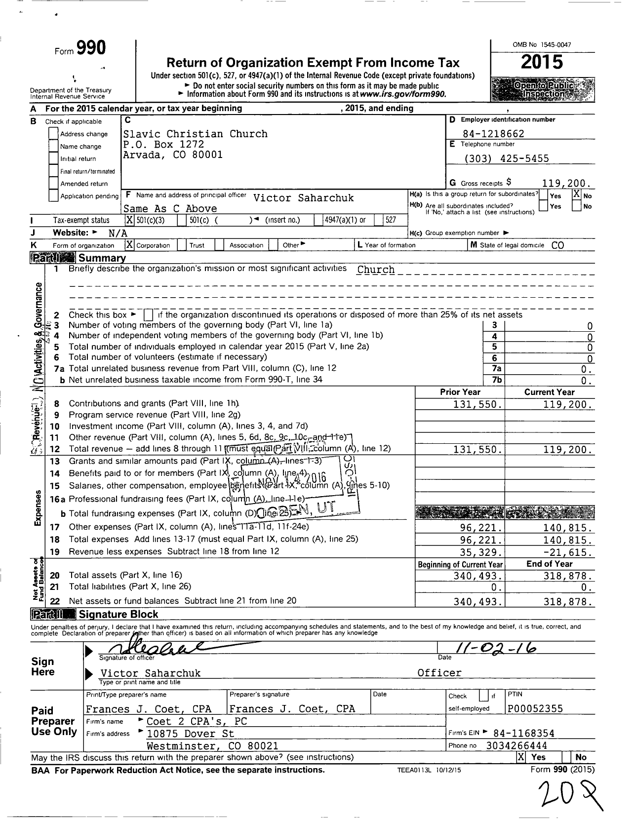 Image of first page of 2015 Form 990 for Slavic Christian Church