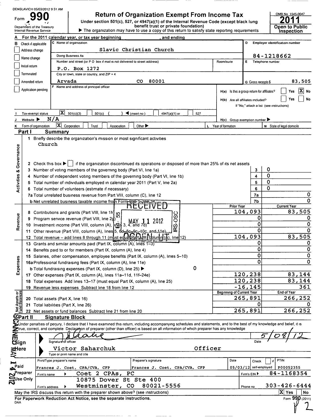 Image of first page of 2011 Form 990 for Slavic Christian Church