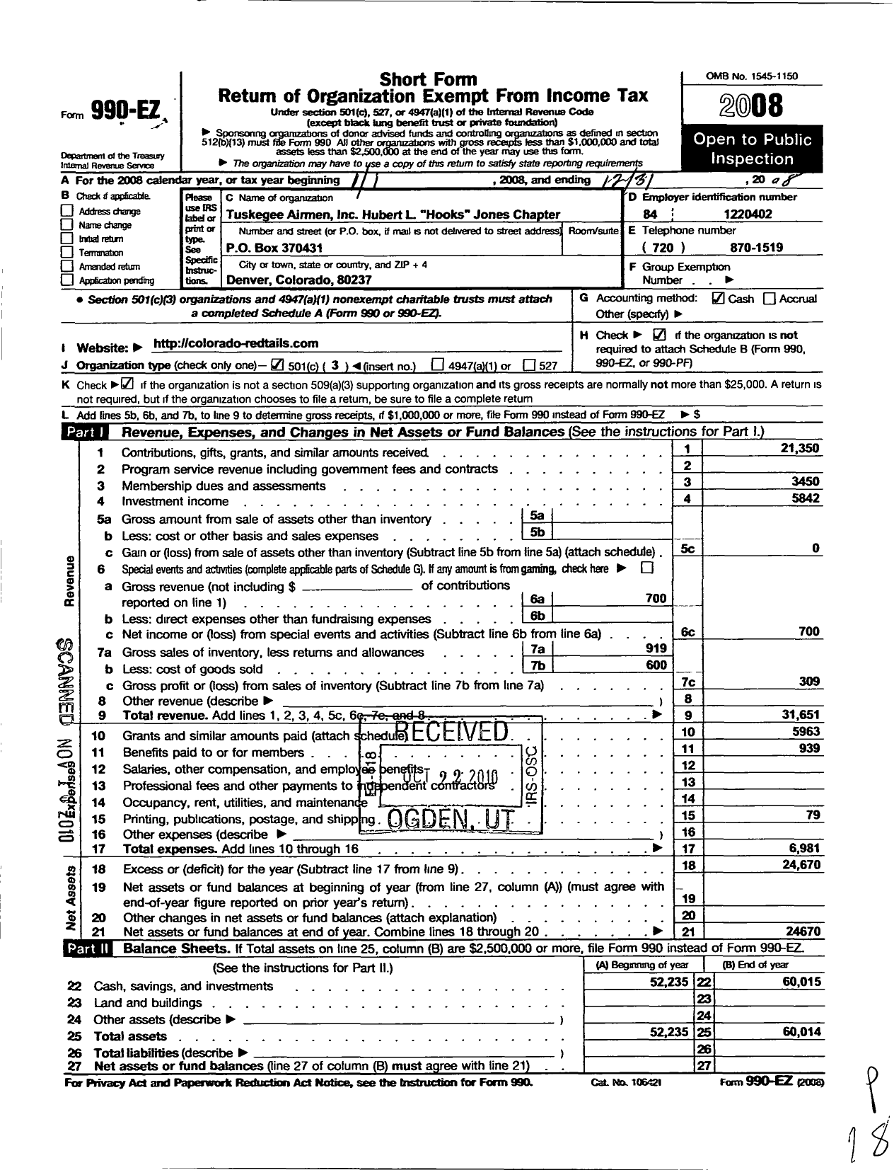 Image of first page of 2008 Form 990EZ for Tuskegee Airmen / Hubert L Hooks Jones Chapter