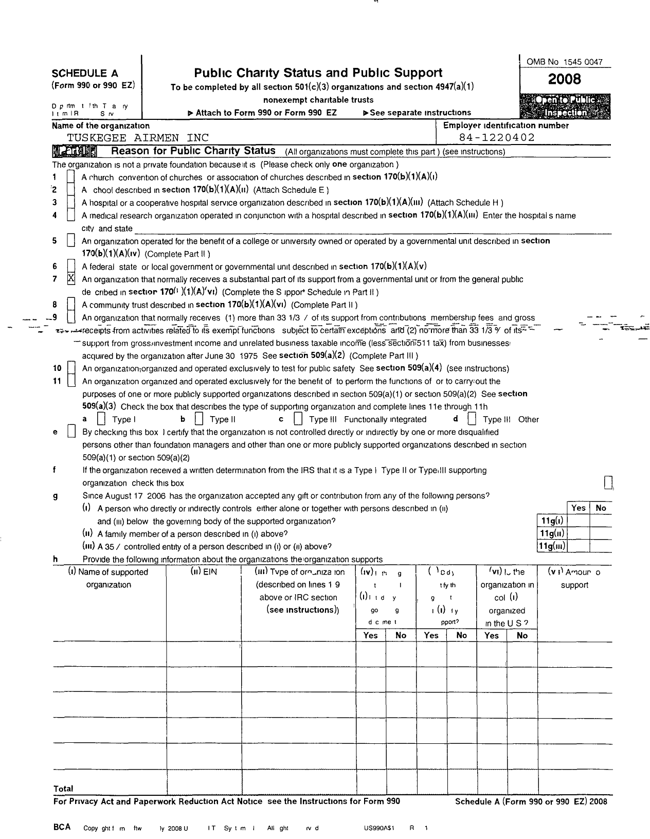 Image of first page of 2008 Form 990ER for Tuskegee Airmen / Hubert L Hooks Jones Chapter