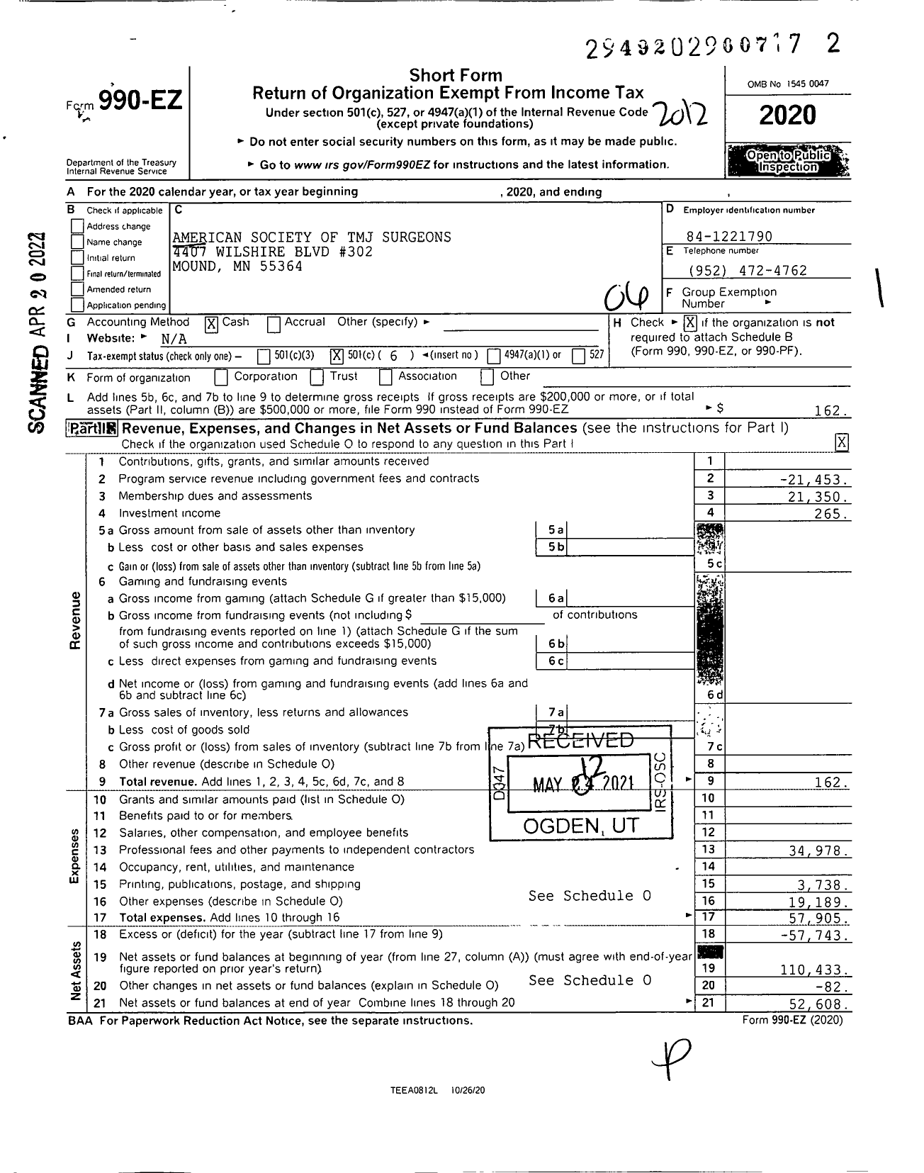 Image of first page of 2020 Form 990EO for American Society of TMJ Surgeons