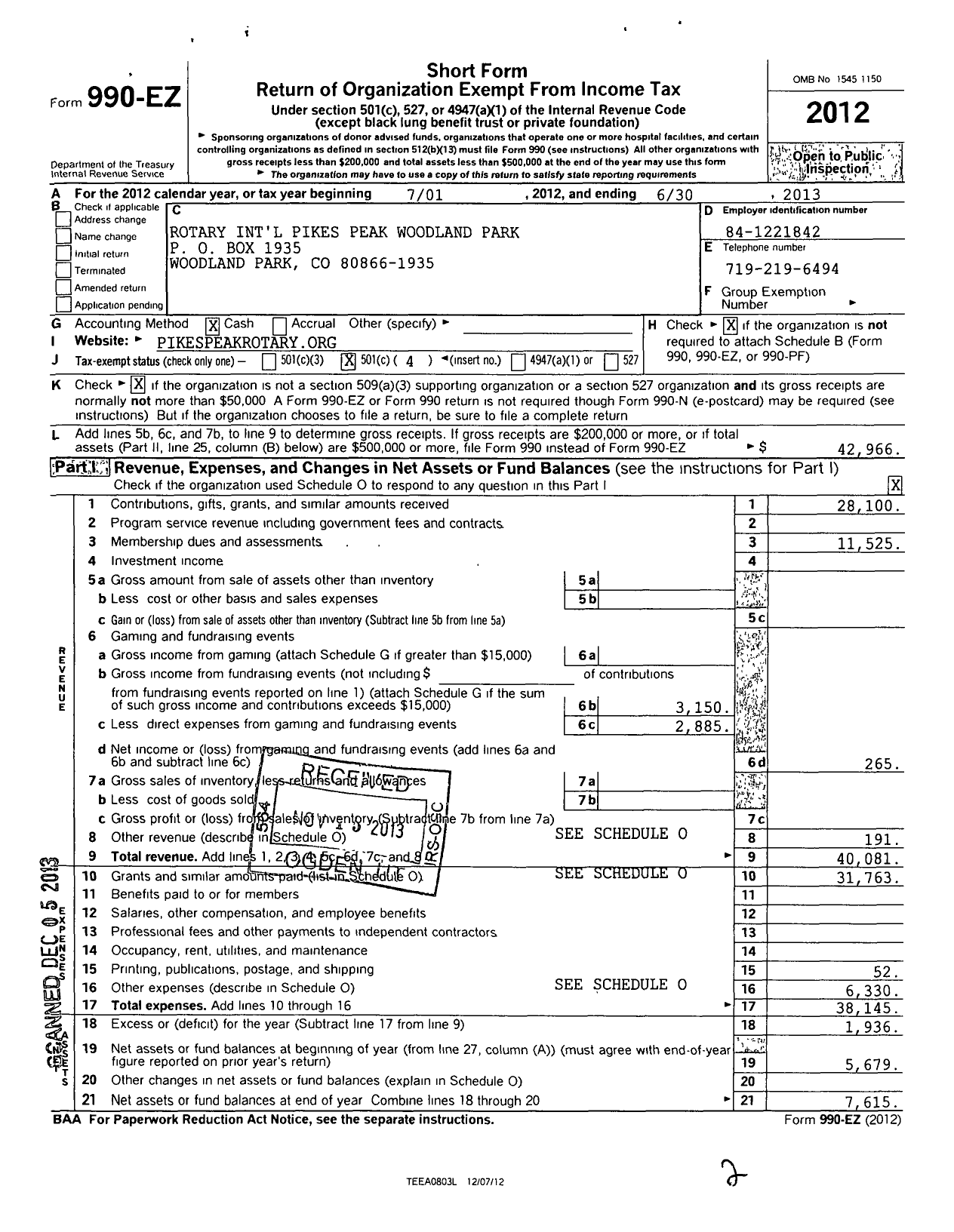 Image of first page of 2012 Form 990EO for Rotary International - Pikes Peak Woodland Park