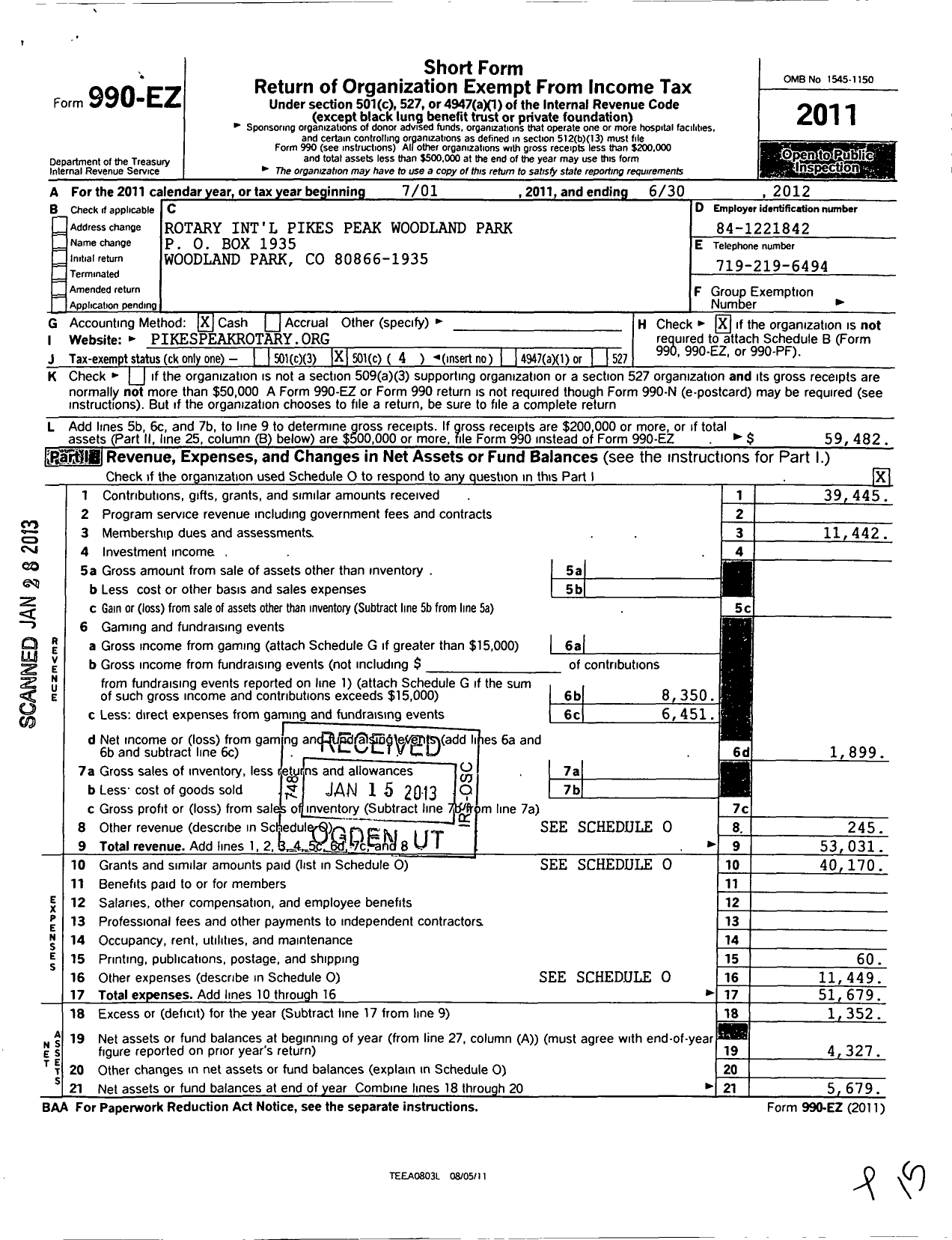 Image of first page of 2011 Form 990EO for Rotary International - Pikes Peak Woodland Park