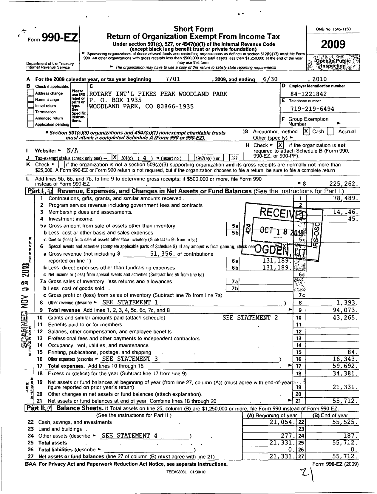 Image of first page of 2009 Form 990EO for Rotary International - Pikes Peak Woodland Park