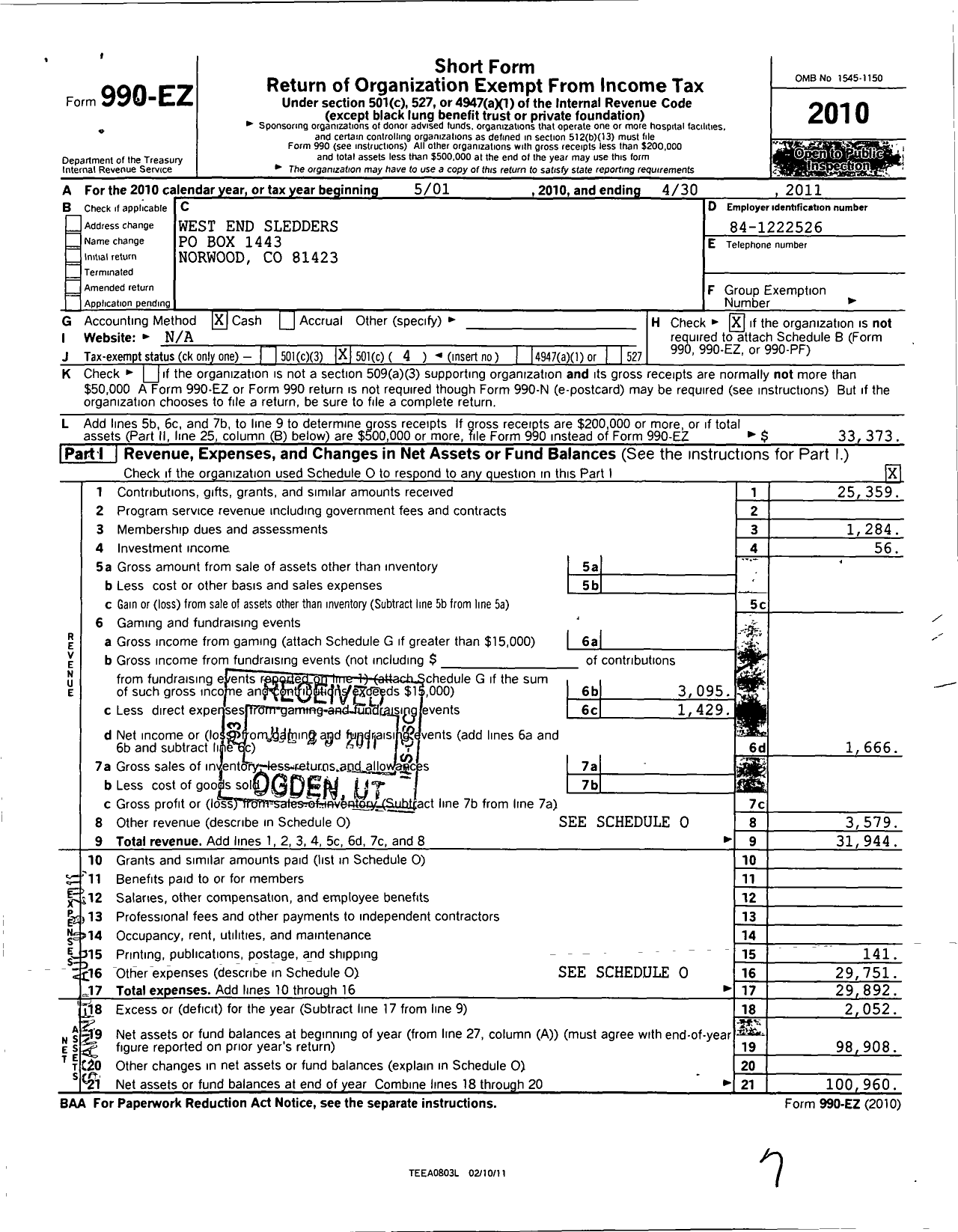 Image of first page of 2010 Form 990EO for West End Sledders