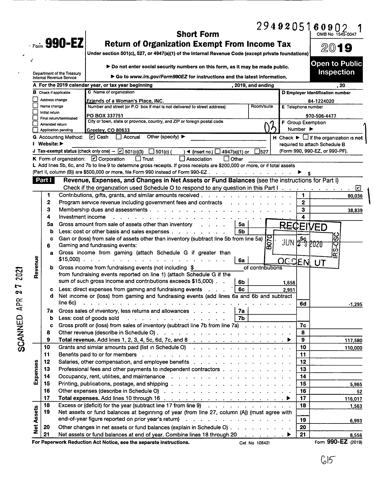 Image of first page of 2019 Form 990EZ for Friends of A Womans Place