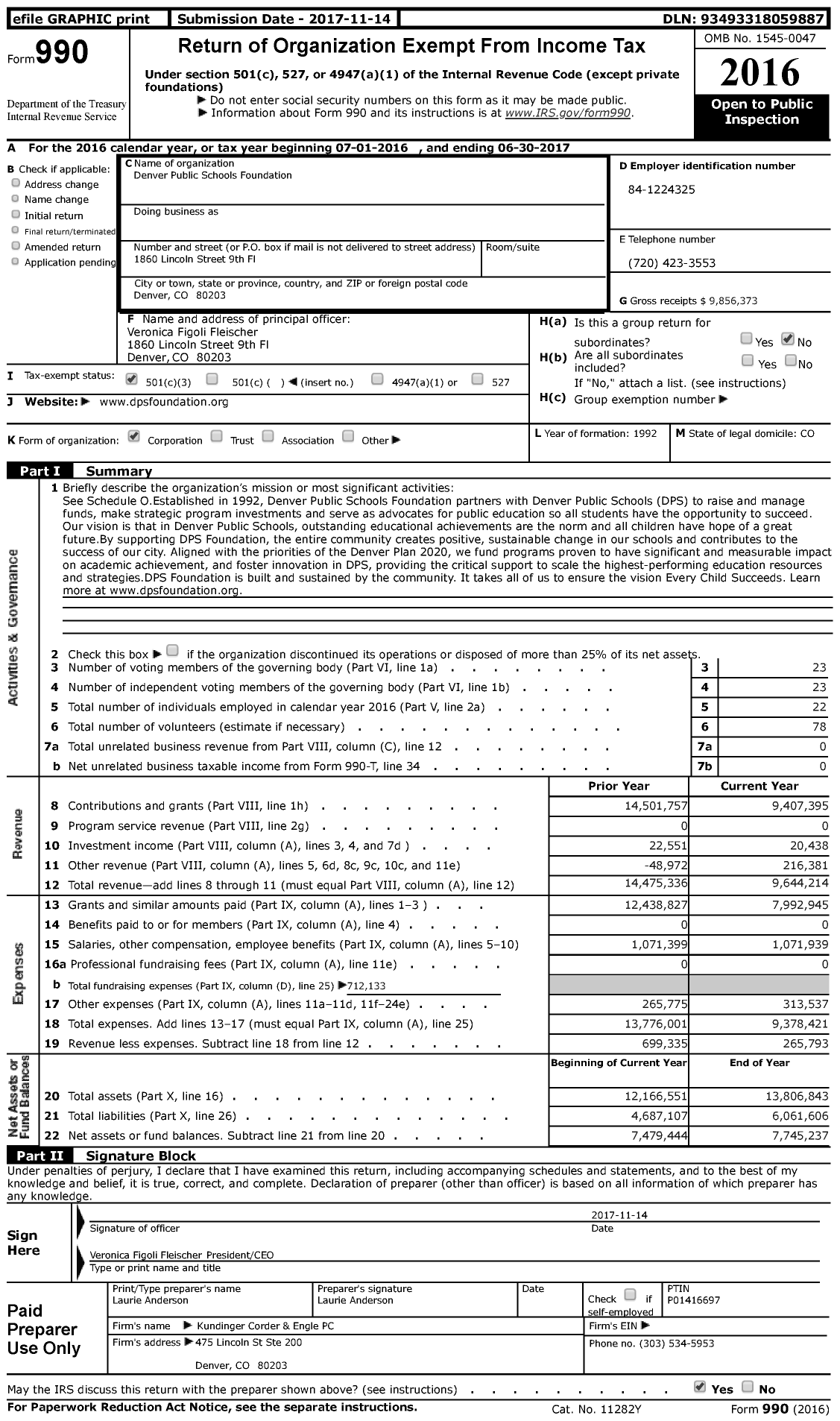 Image of first page of 2016 Form 990 for Denver Public Schools Foundation