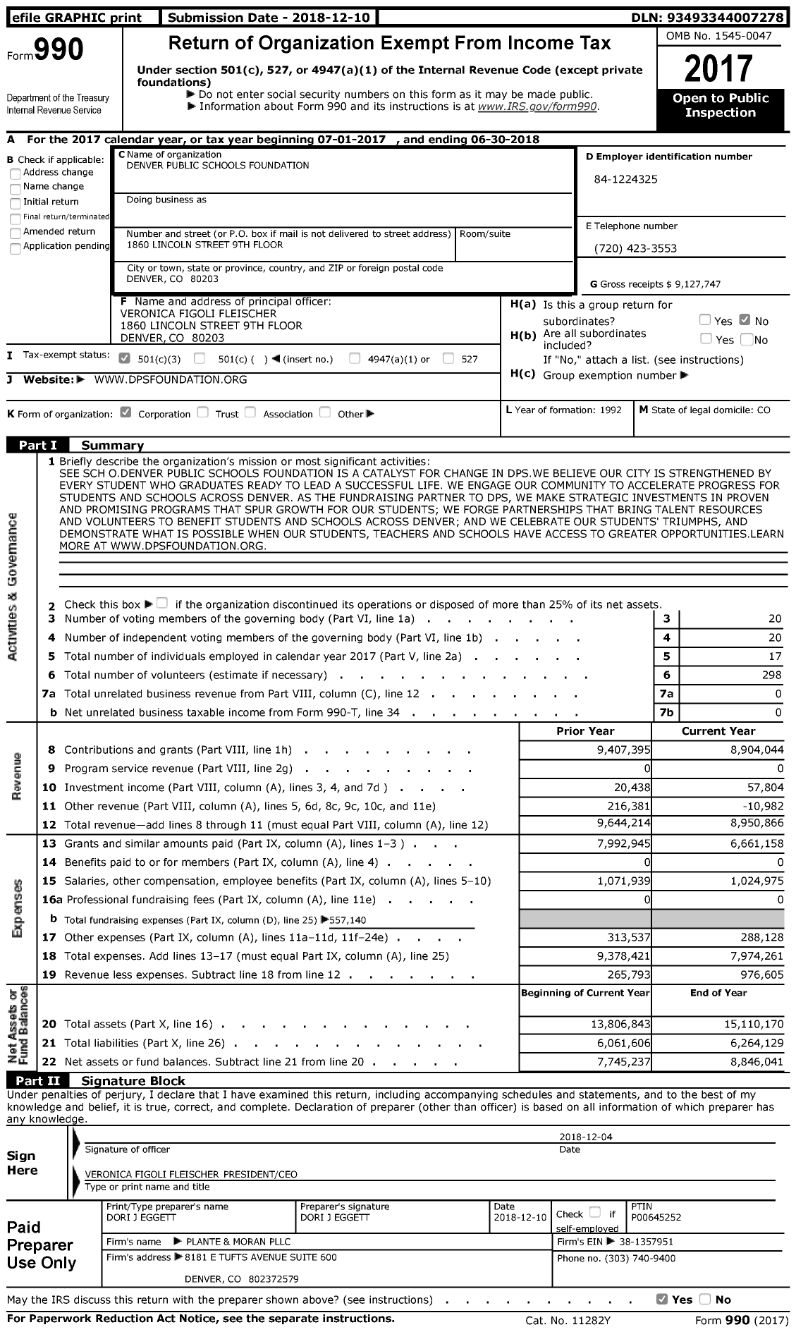 Image of first page of 2017 Form 990 for Denver Public Schools Foundation