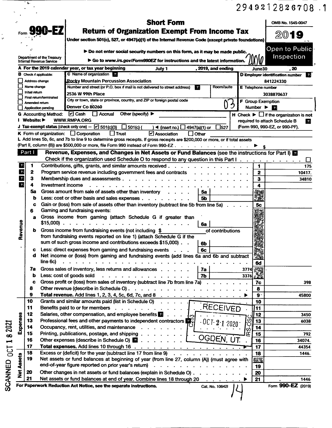 Image of first page of 2019 Form 990EZ for Rocky Mountain Percussion Association