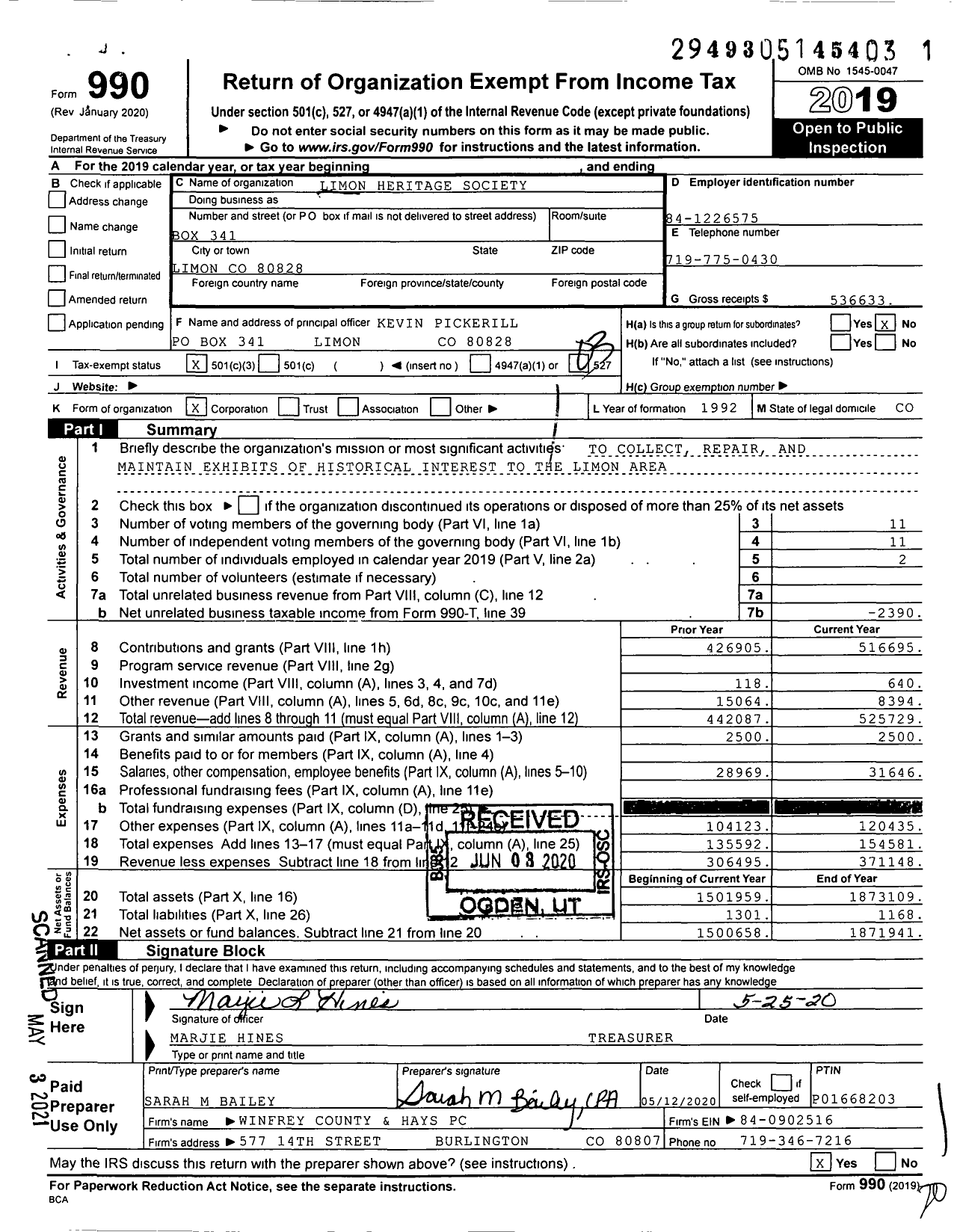 Image of first page of 2019 Form 990 for Limon Heritage Society