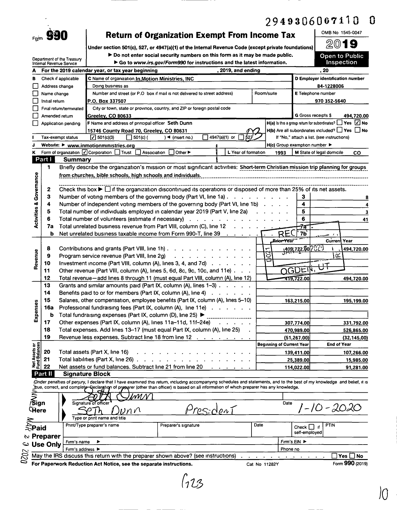 Image of first page of 2019 Form 990 for In Motion Ministries