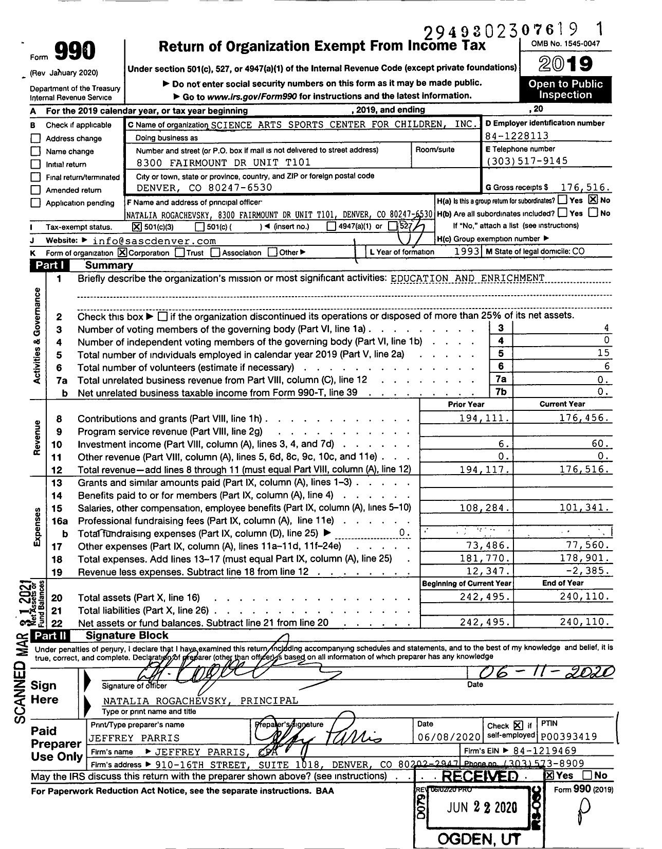 Image of first page of 2019 Form 990 for Science Arts Sports Center for Children