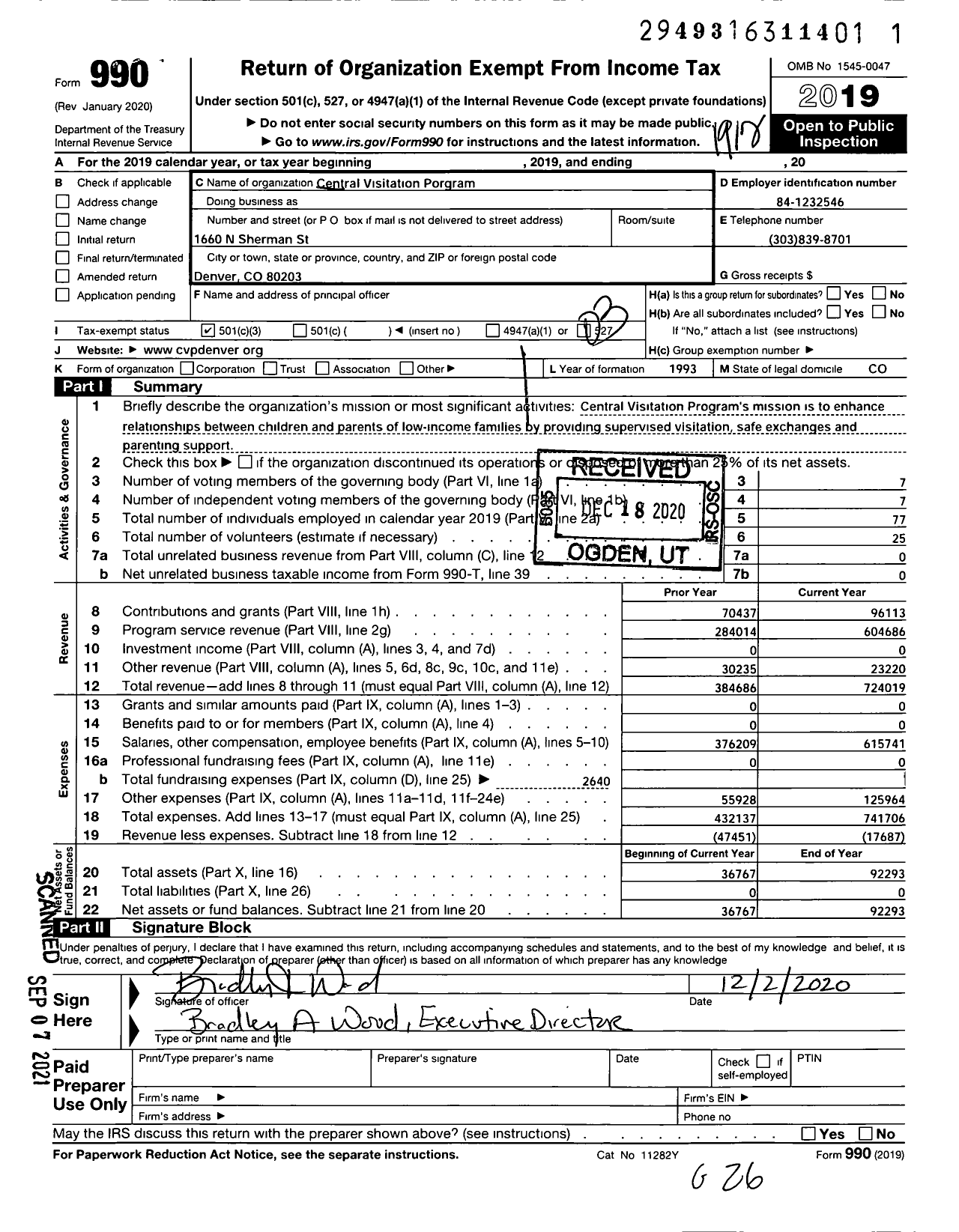 Image of first page of 2019 Form 990 for Central Visitation Program