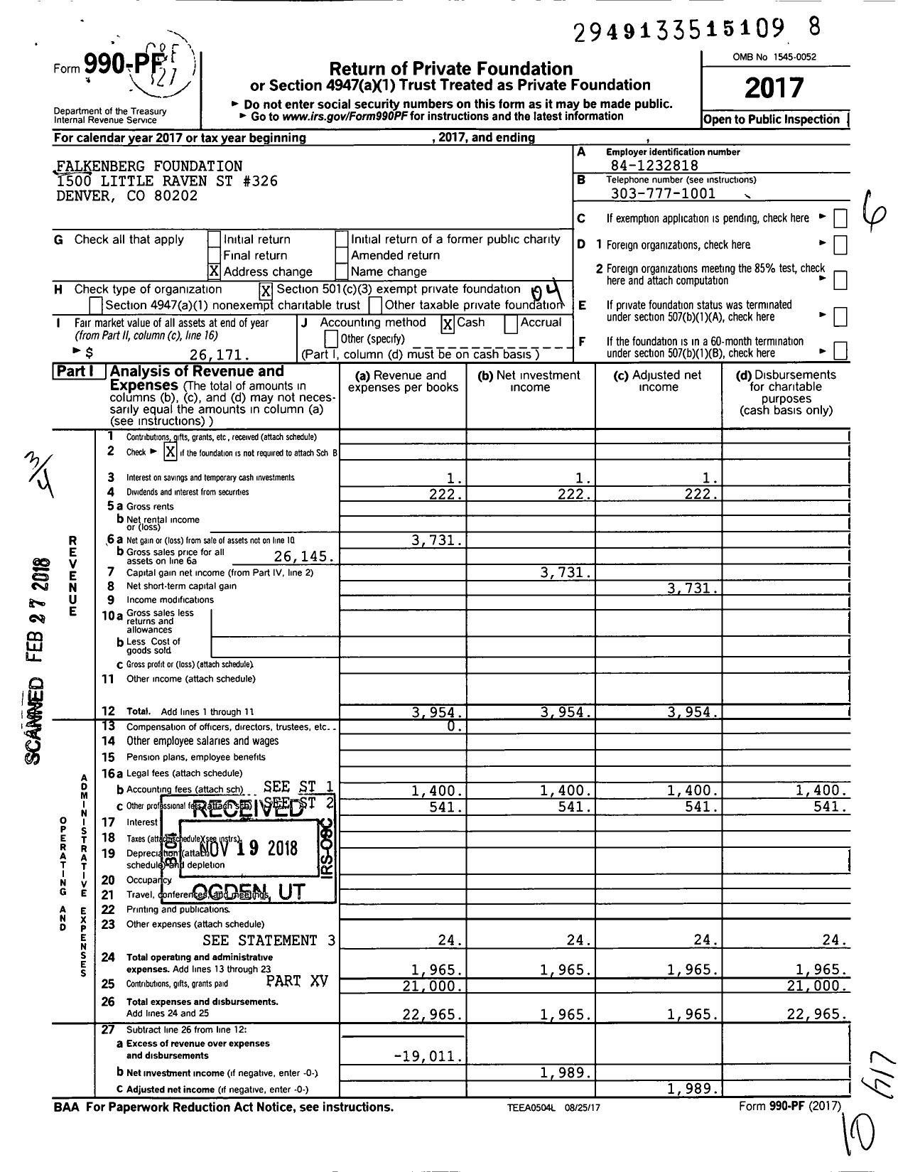 Image of first page of 2017 Form 990PF for Falkenberg Foundation