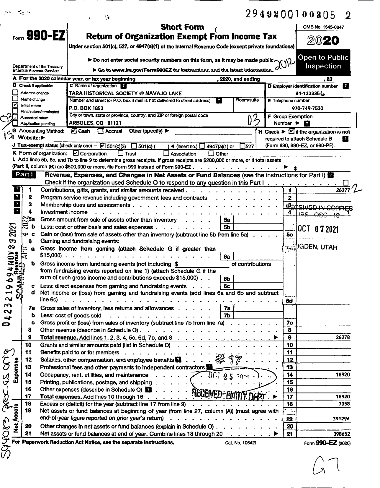 Image of first page of 2020 Form 990EZ for Tara Historical Society Navajo Lake