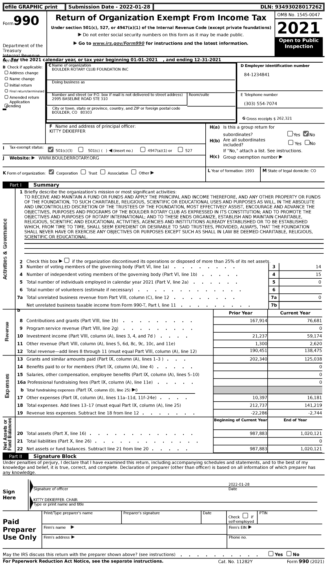 Image of first page of 2021 Form 990 for Boulder Rotary Club Foundation