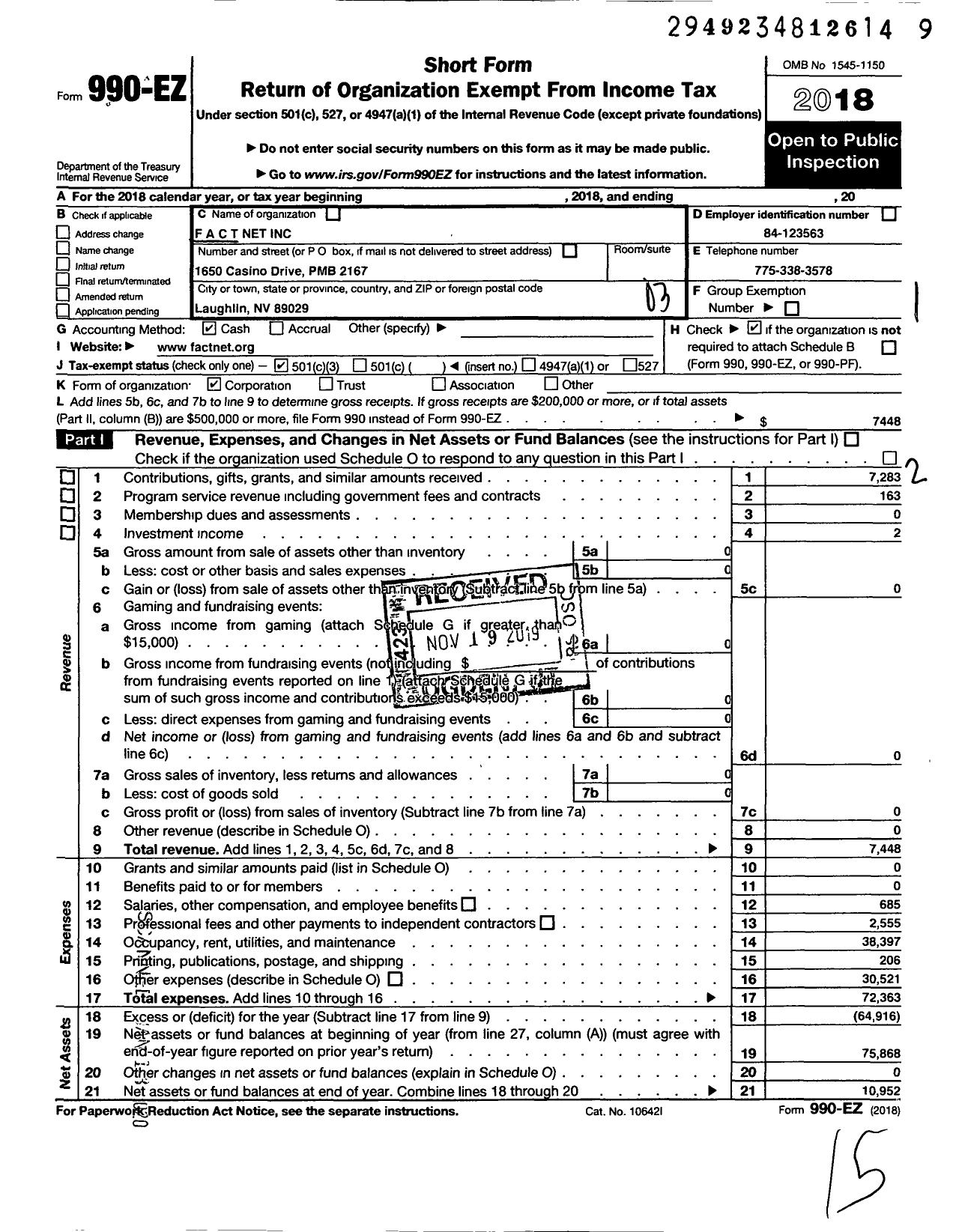 Image of first page of 2018 Form 990EZ for F A C T Net - Fight Against Coercive Tactics Network