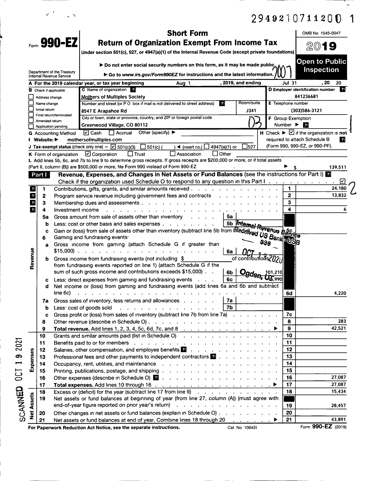 Image of first page of 2019 Form 990EZ for Mothers of Multiples Society