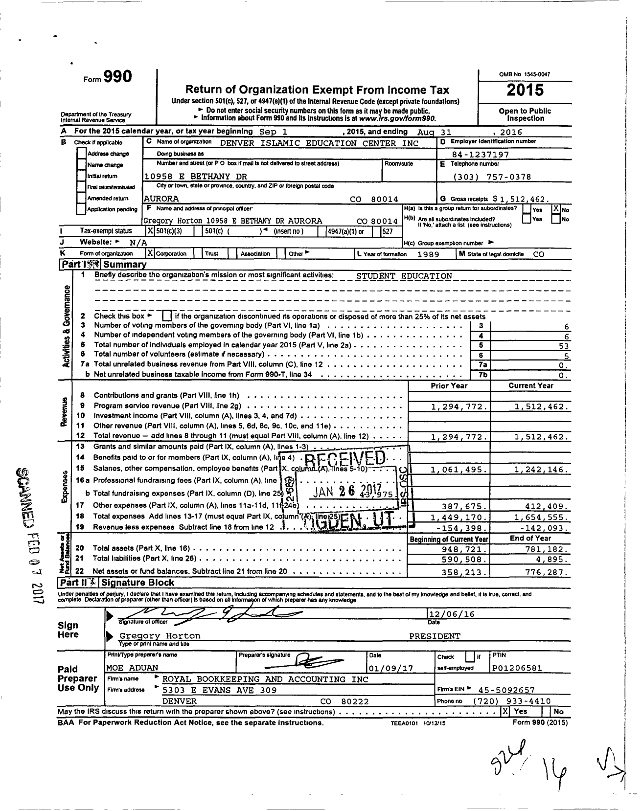 Image of first page of 2015 Form 990 for Crescent View Academy