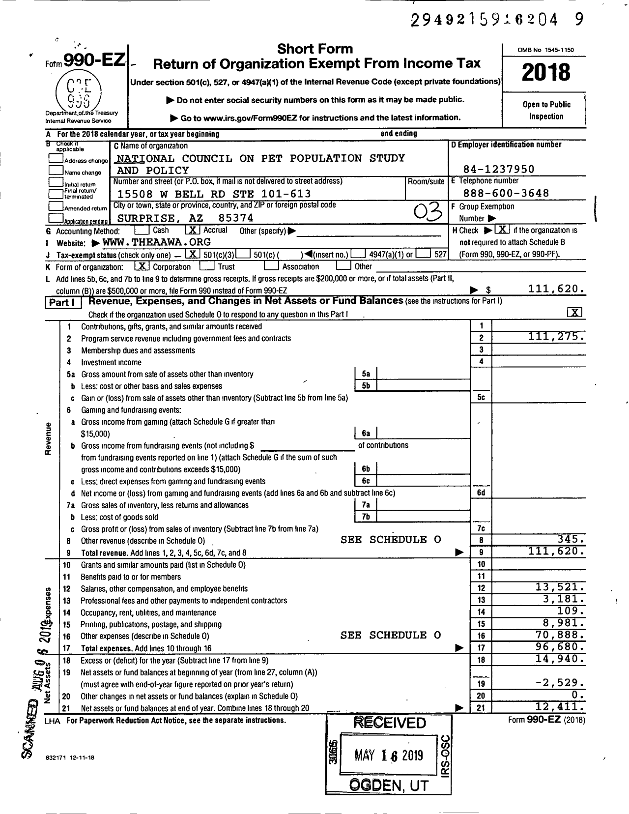 Image of first page of 2018 Form 990EZ for National Council on Pet Population Study and Policy