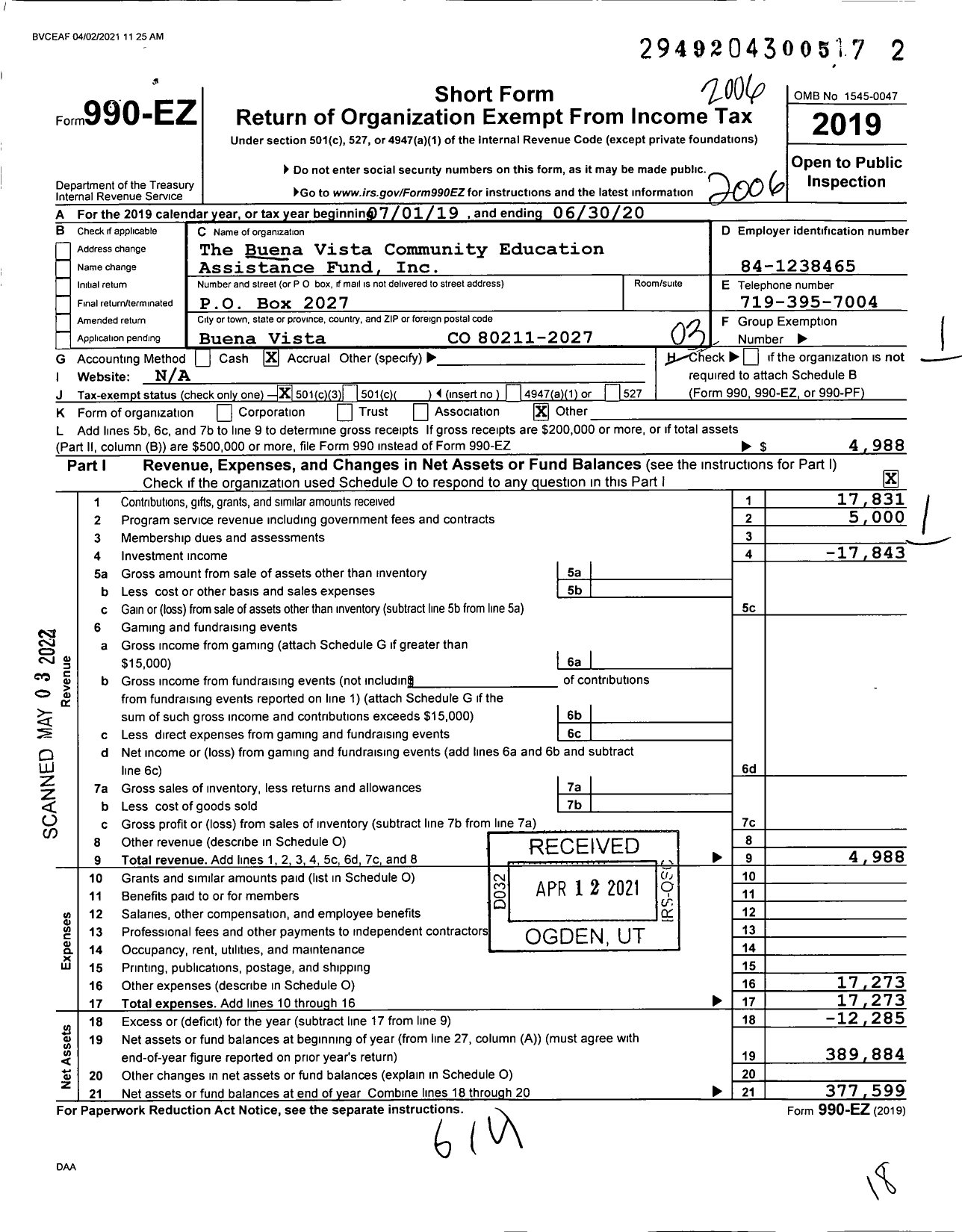 Image of first page of 2019 Form 990EZ for The Buena Vista Community Education Assistance Fund