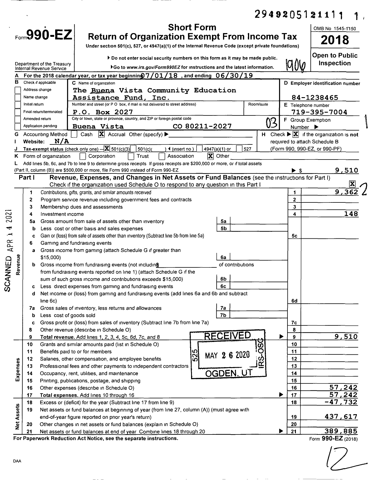 Image of first page of 2018 Form 990EZ for The Buena Vista Community Education Assistance Fund