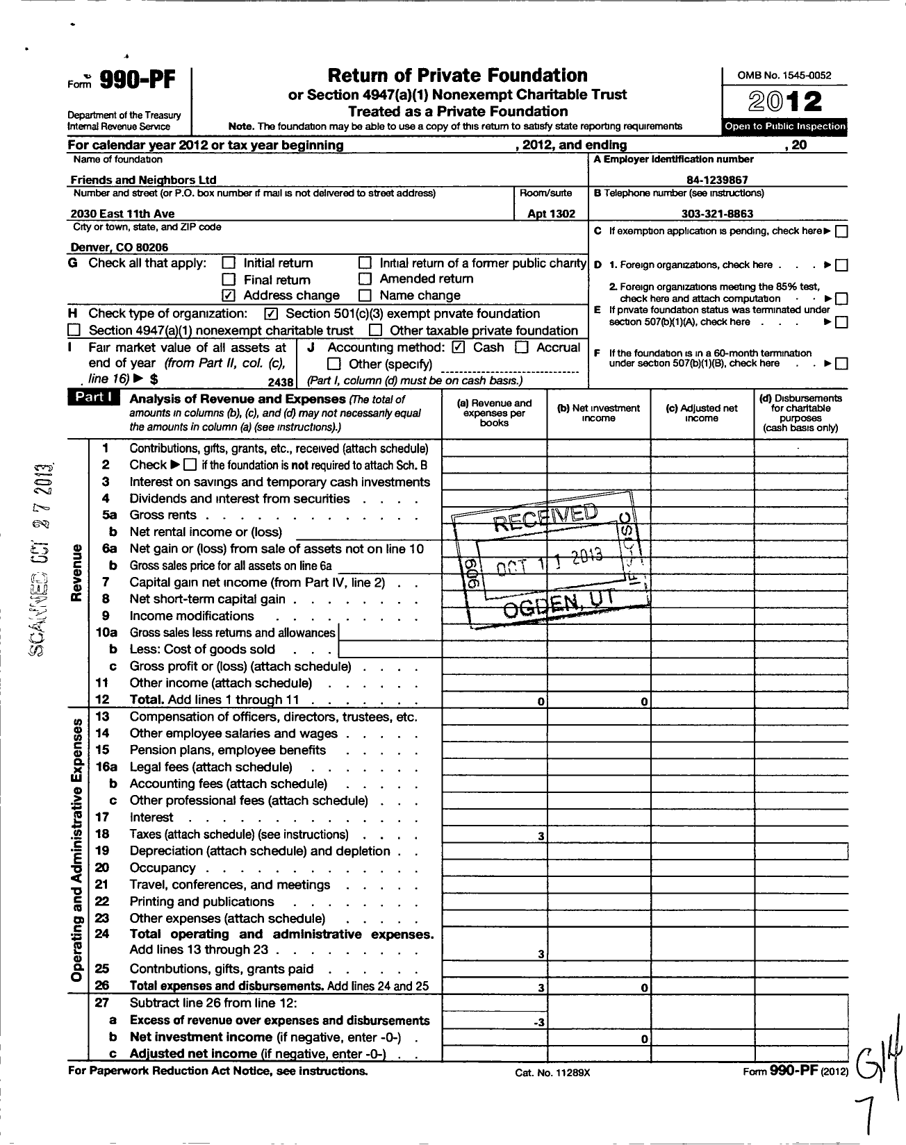 Image of first page of 2012 Form 990PF for Friends and Neighbors / Neighborhood Protection