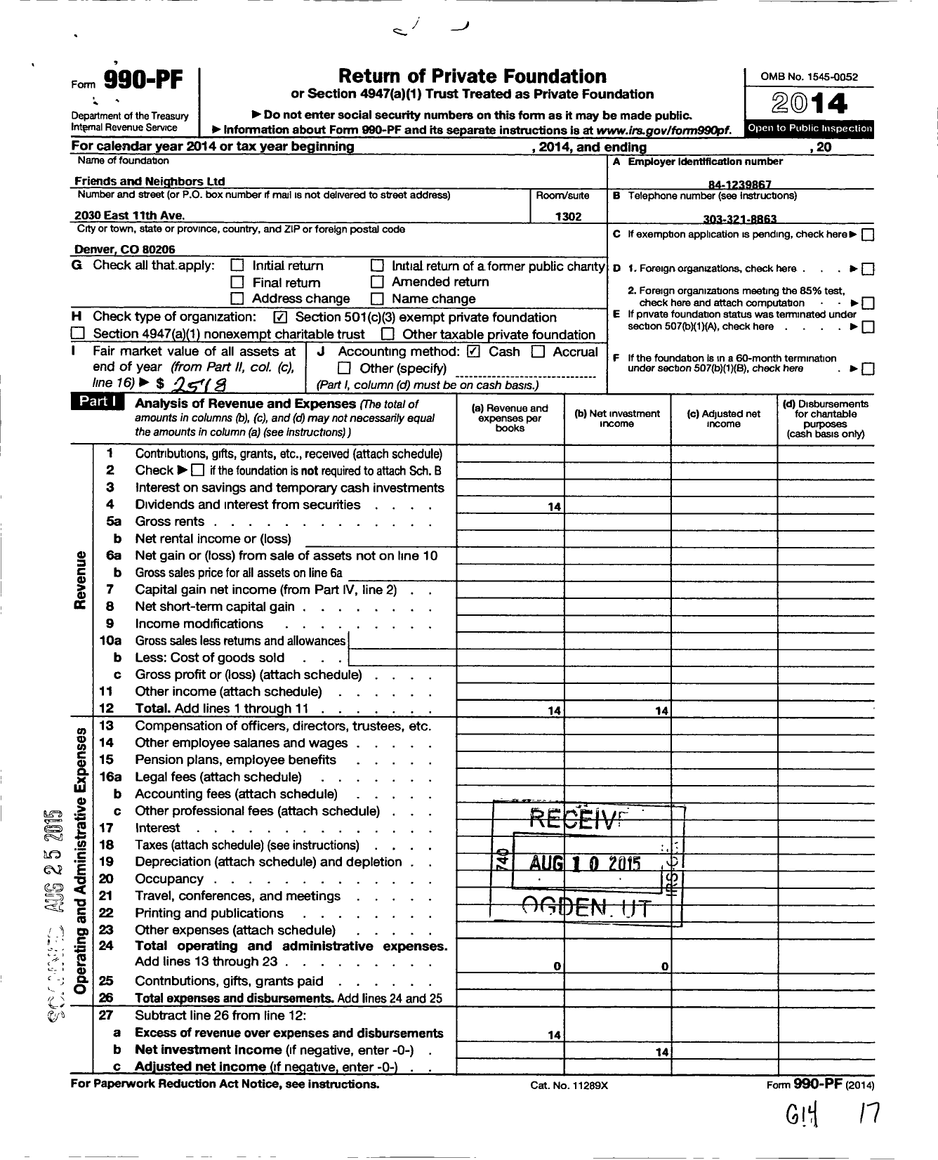 Image of first page of 2014 Form 990PF for Friends and Neighbors / Neighborhood Protection