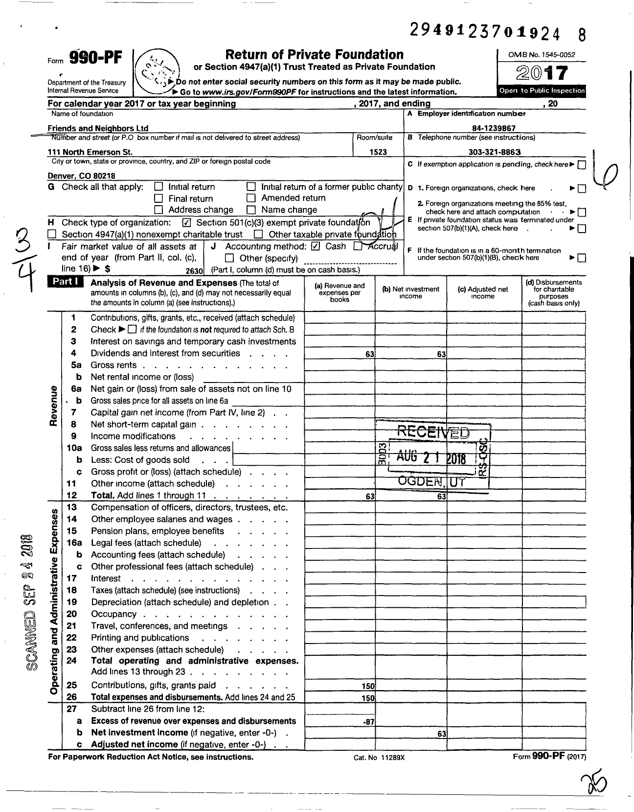 Image of first page of 2017 Form 990PF for Friends and Neighbors / Neighborhood Protection