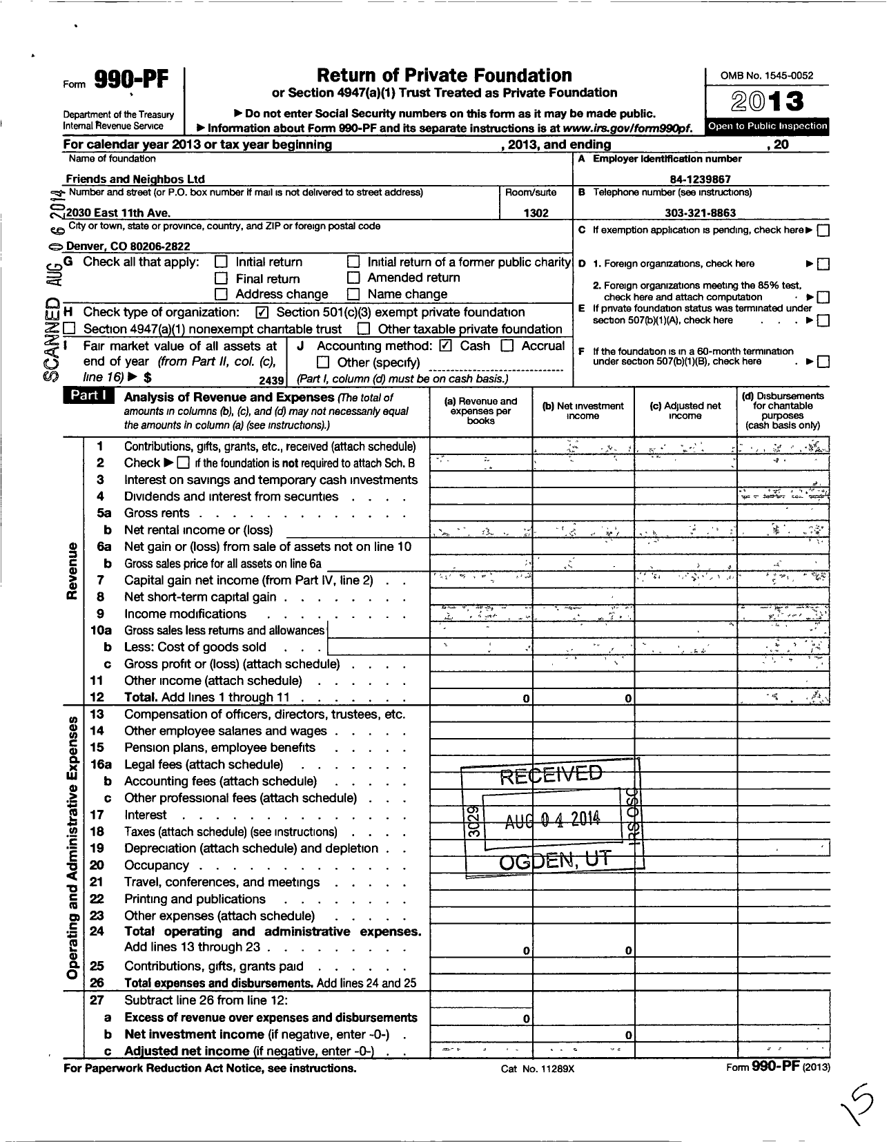 Image of first page of 2013 Form 990PF for Friends and Neighbors / Neighborhood Protection