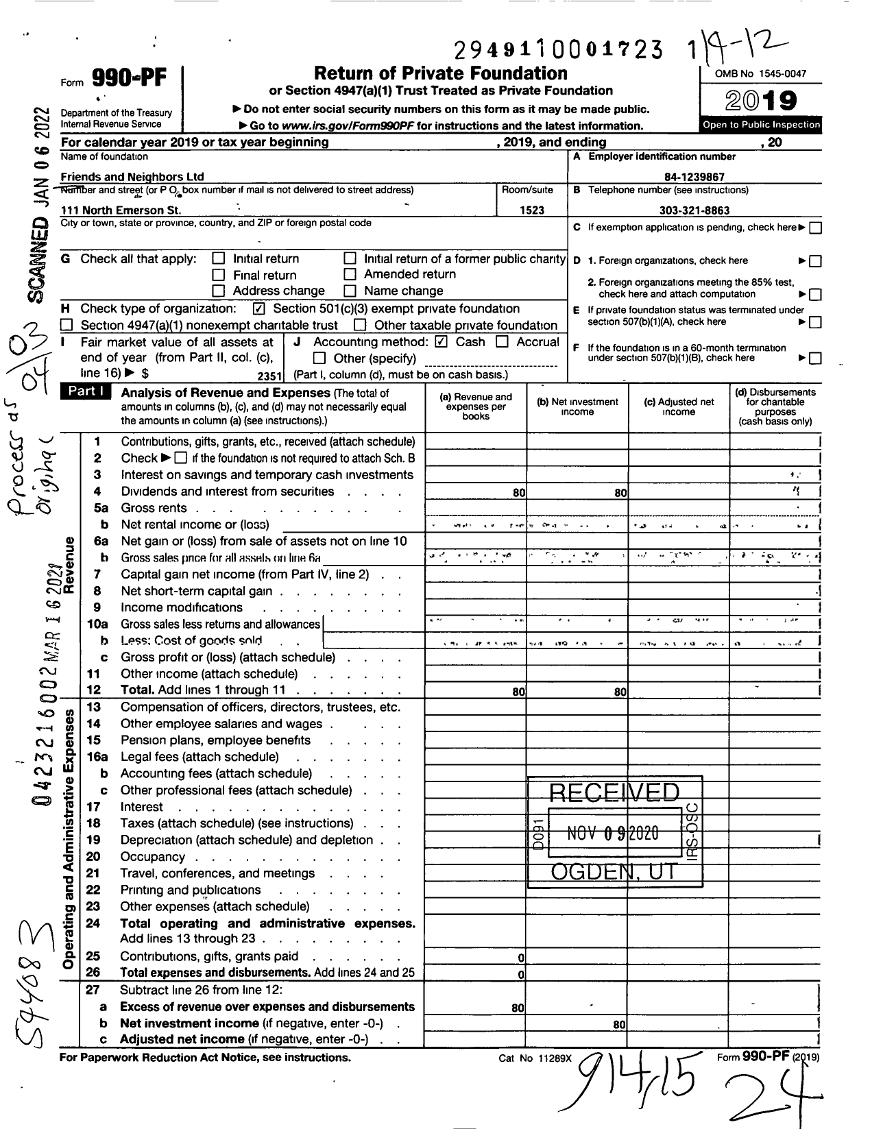 Image of first page of 2019 Form 990PF for Friends and Neighbors / Neighborhood Protection