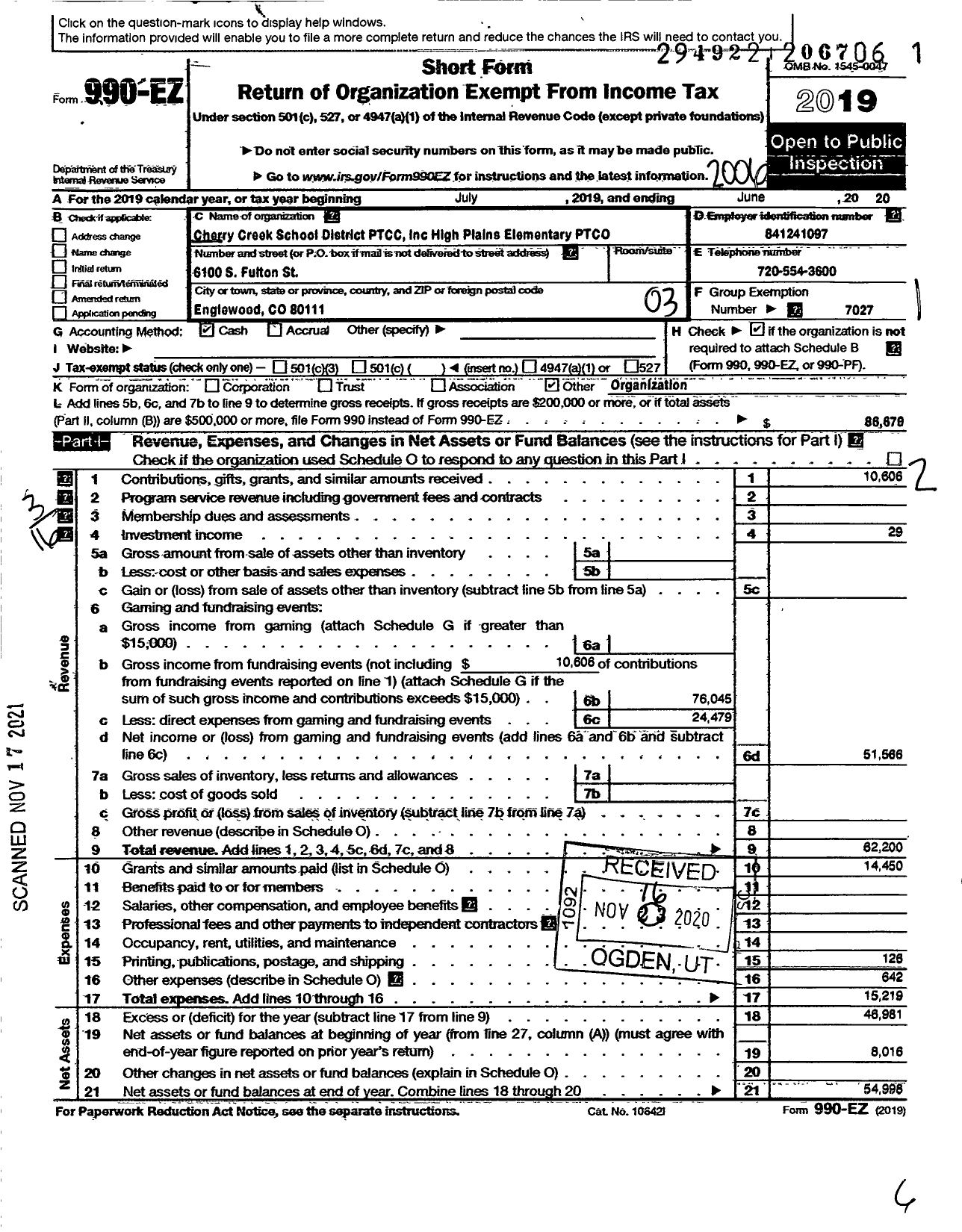 Image of first page of 2019 Form 990EZ for CHERRY CREEK SCHOOL Distric Parent Teacher Community Council / High Plains Elementary Ptco