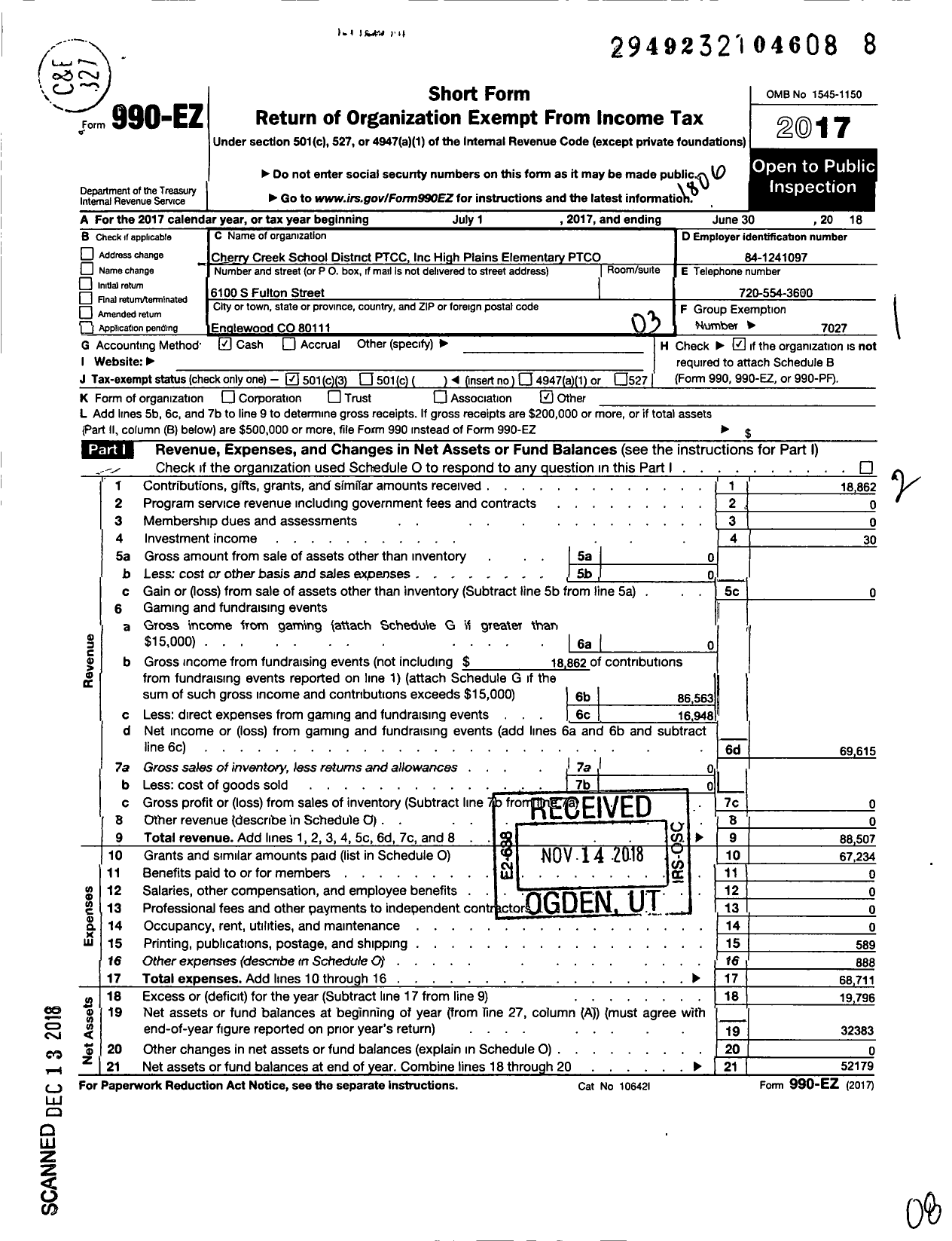 Image of first page of 2017 Form 990EZ for CHERRY CREEK SCHOOL Distric Parent Teacher Community Council / High Plains Elementary Ptco