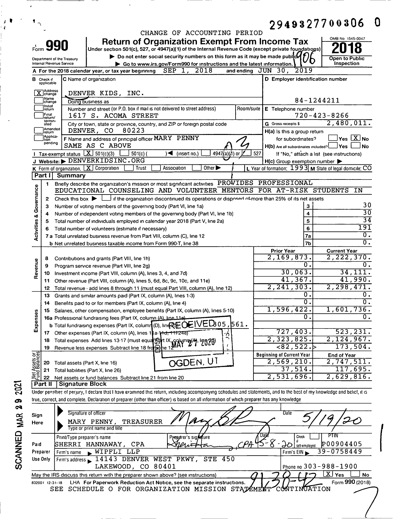 Image of first page of 2018 Form 990 for Denver Kids