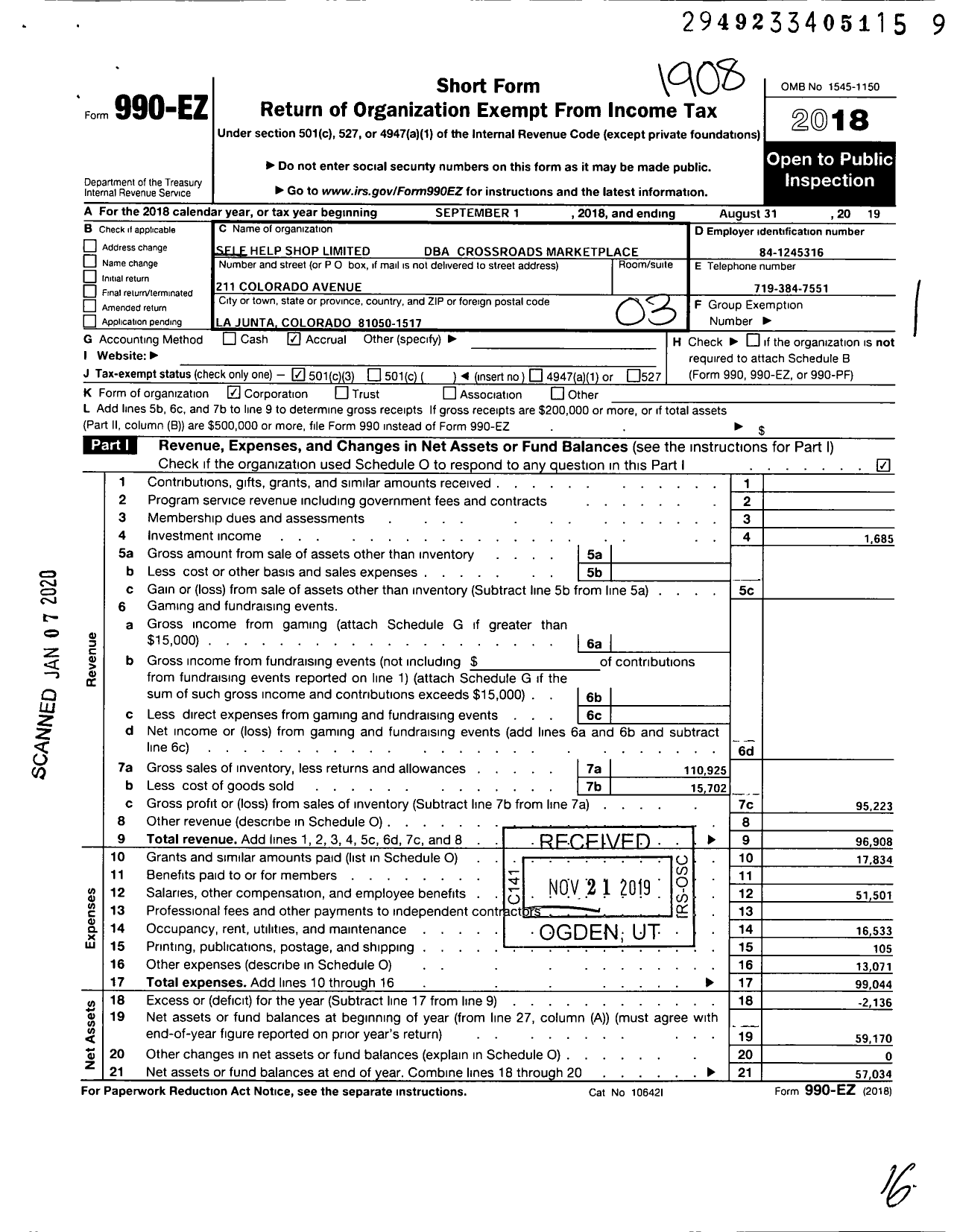 Image of first page of 2018 Form 990EZ for Self Help Shop Limited