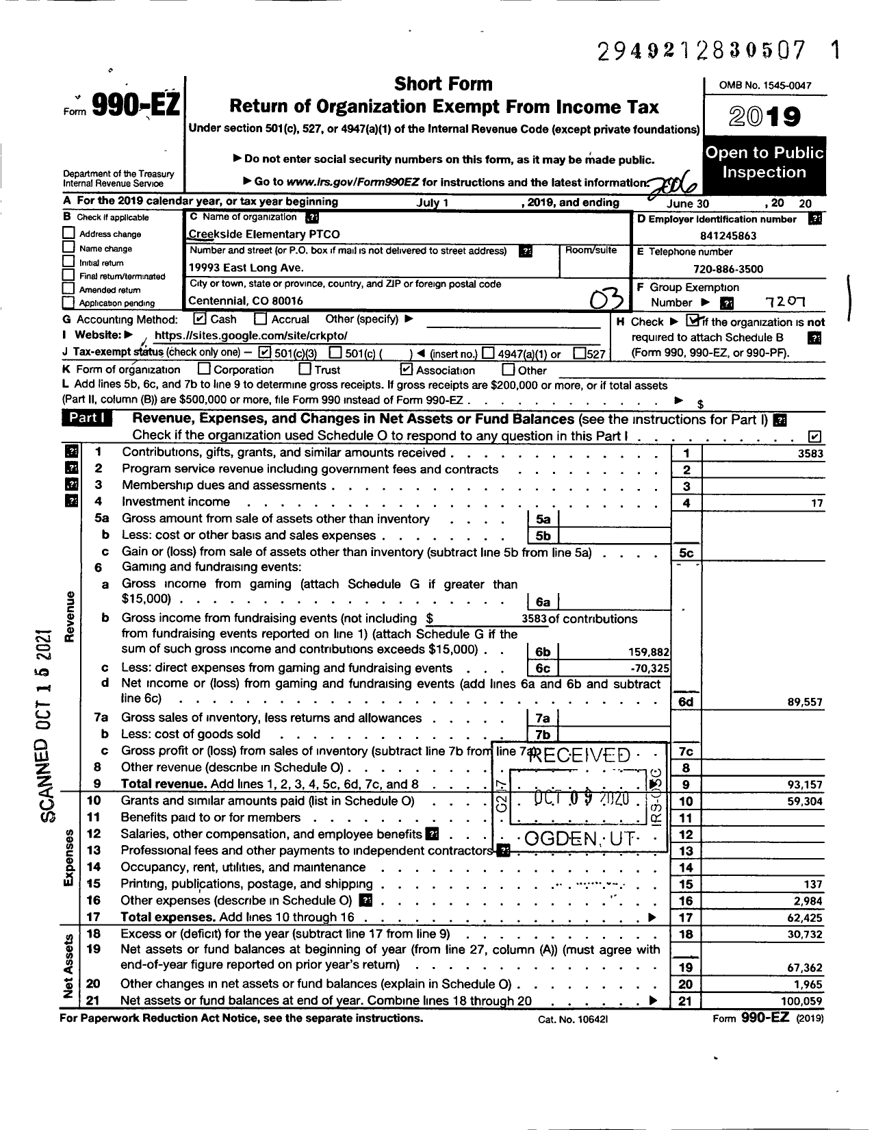 Image of first page of 2019 Form 990EZ for Creekside Elementary PTCO